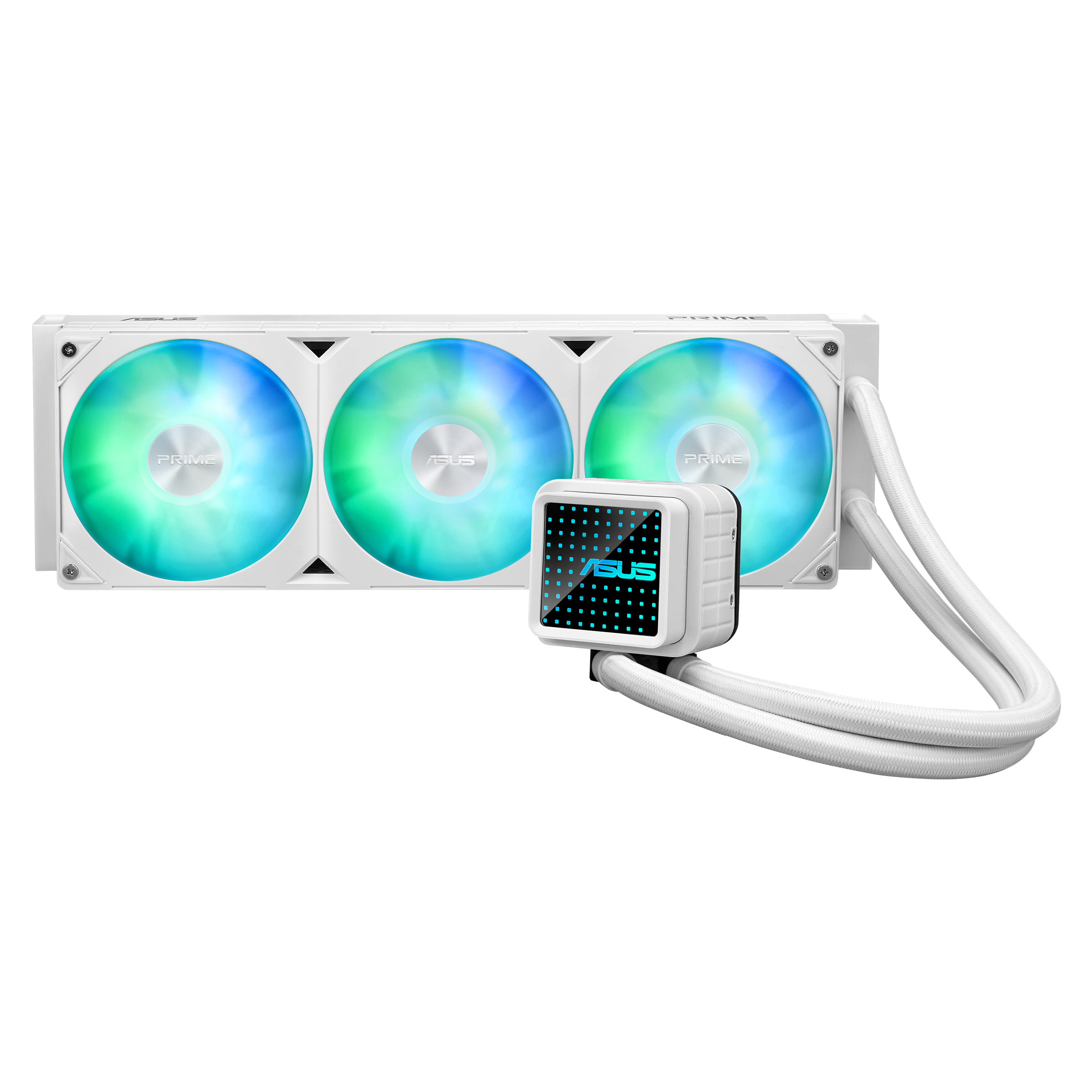 Ein weißer PC-Kühler mit drei RGB-Lüftern und einem quadratischen Pumpenkopf.