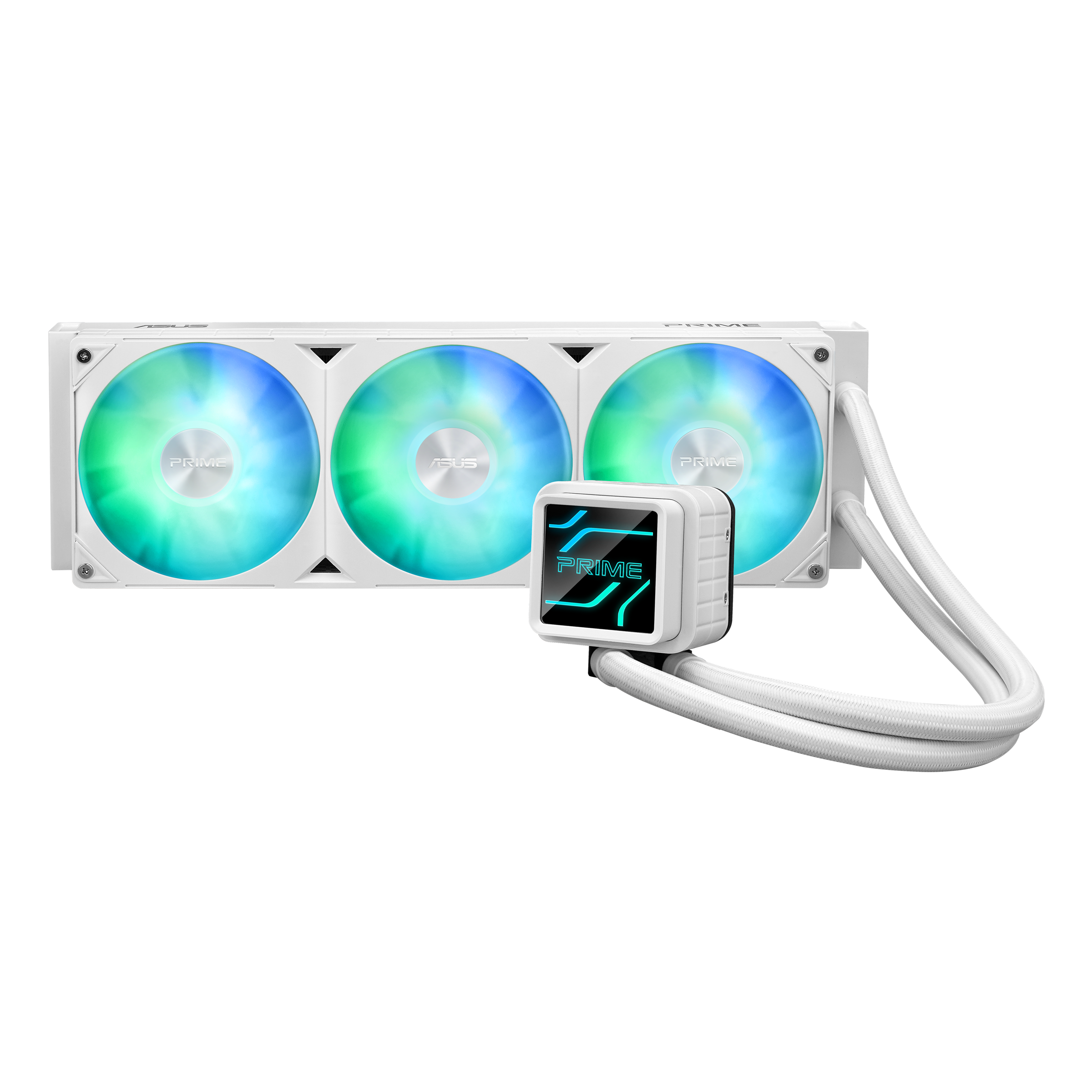 Ein weißer CPU-Kühler mit drei RGB-Lüftern und einem rechteckigen Pumpenkopf.