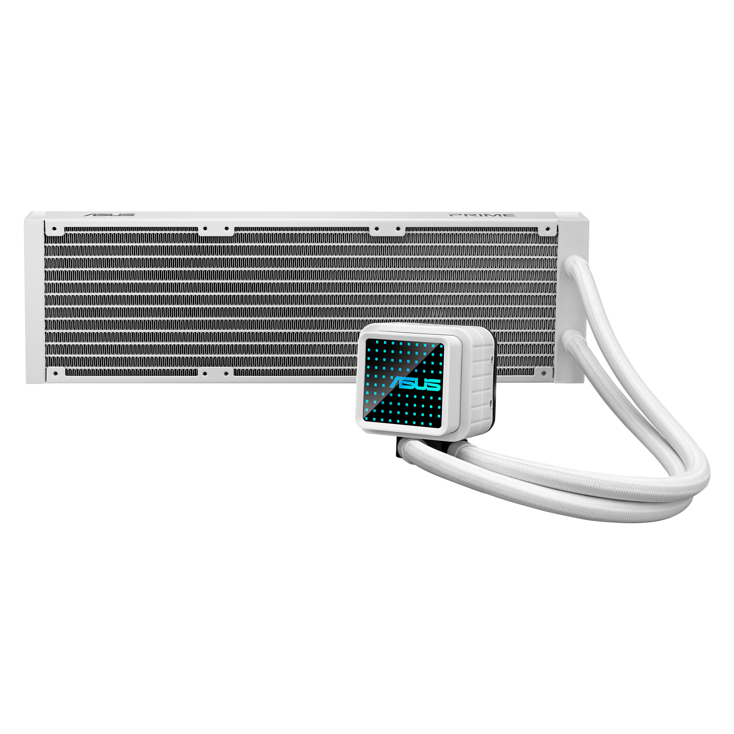 Ein weißer Computer-CPU-Kühler mit Radiator und Schläuchen.