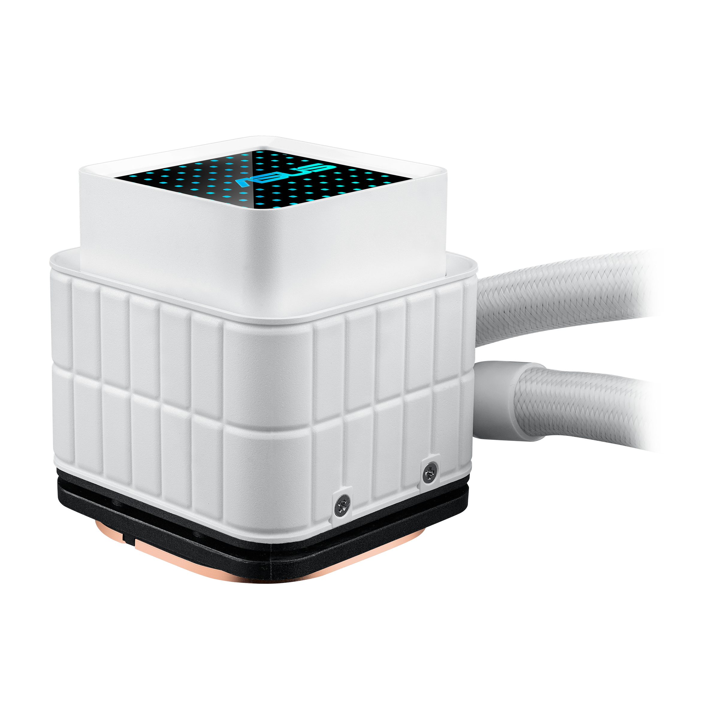 Weiße CPU-Kühlerpumpe mit beleuchtetem Logo und gewebten Schläuchen.