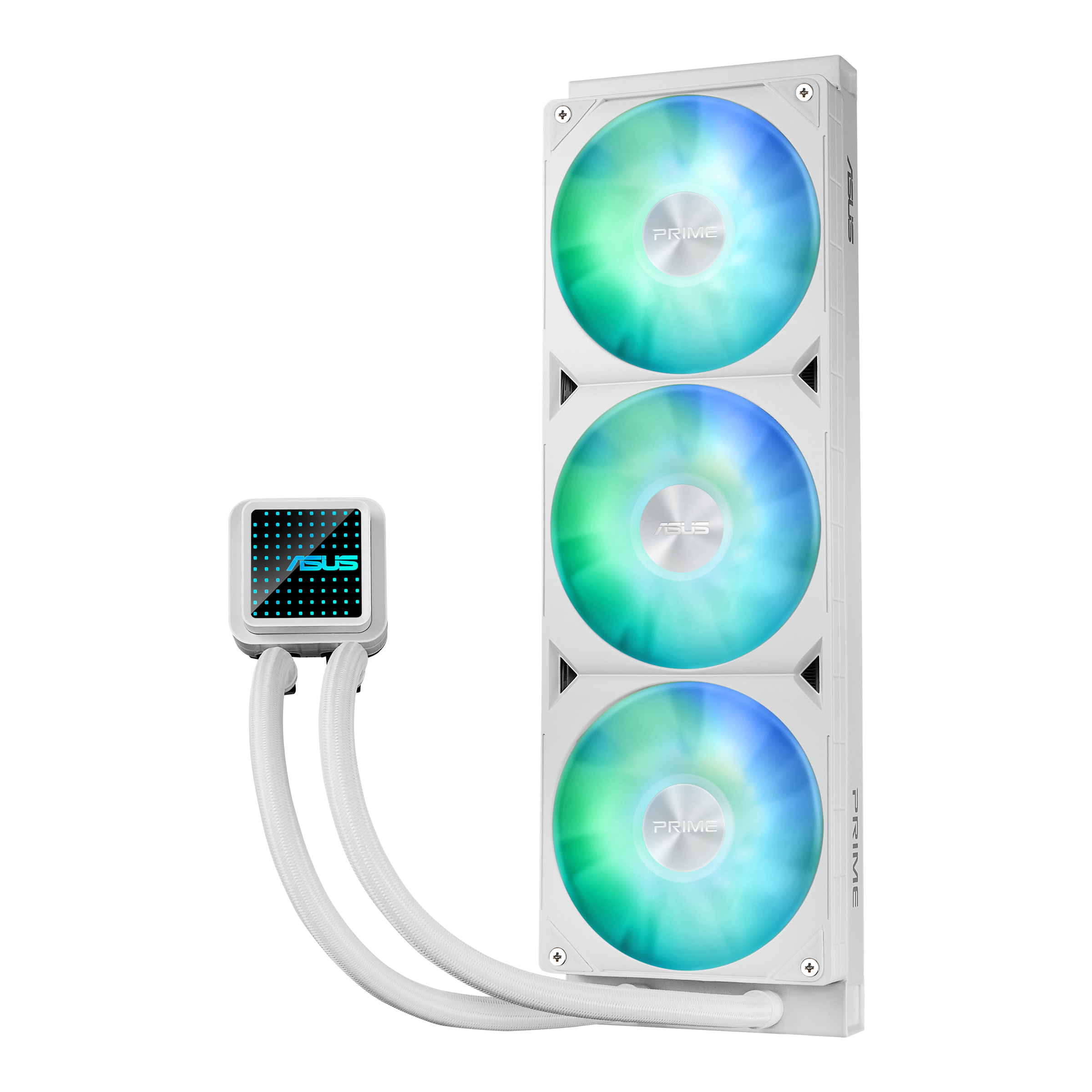 Ein weißer CPU-Kühler mit drei RGB-Lüftern und einem rechteckigen Display.