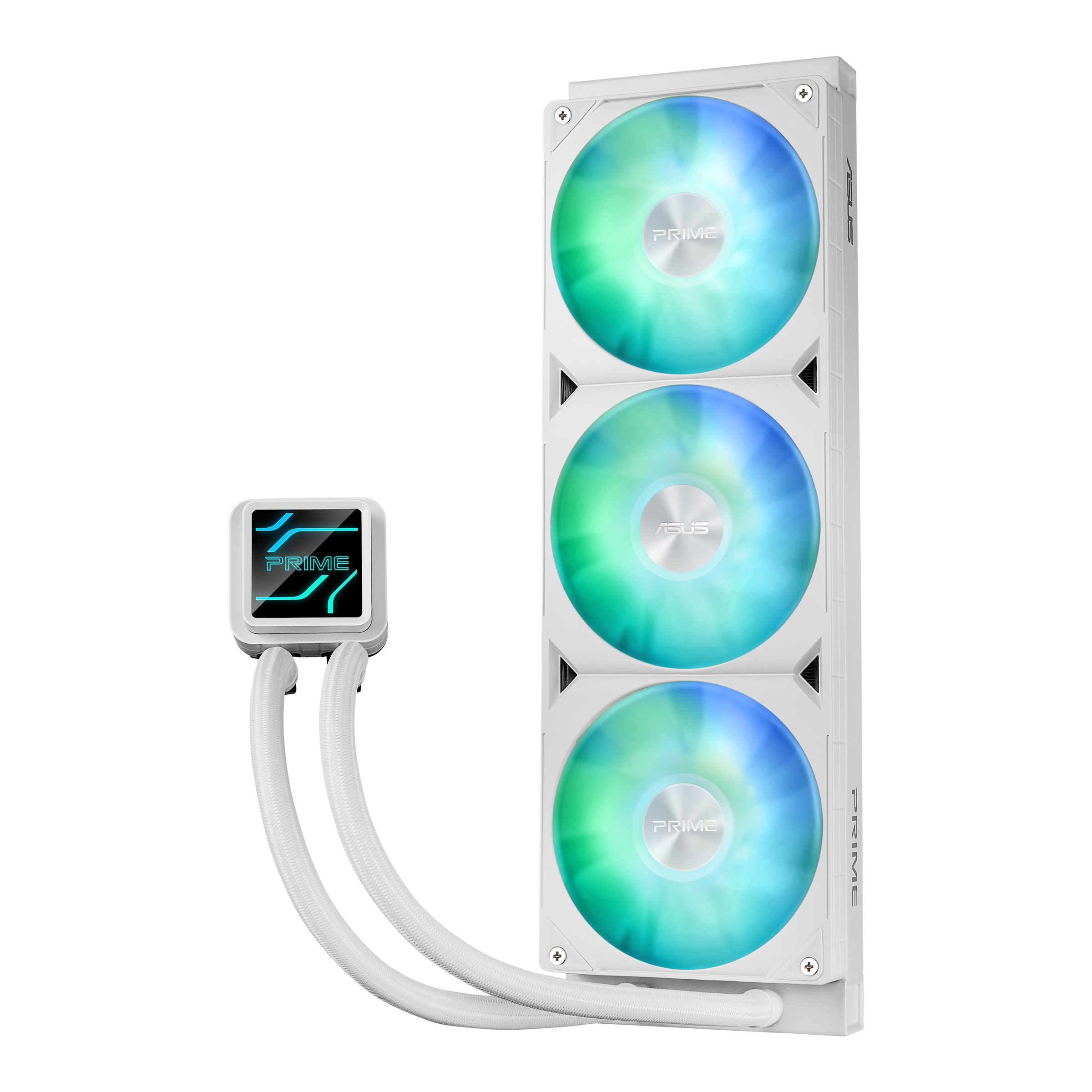 Ein weißer CPU-Kühler mit drei RGB-Lüftern und einer rechteckigen Pumpe.