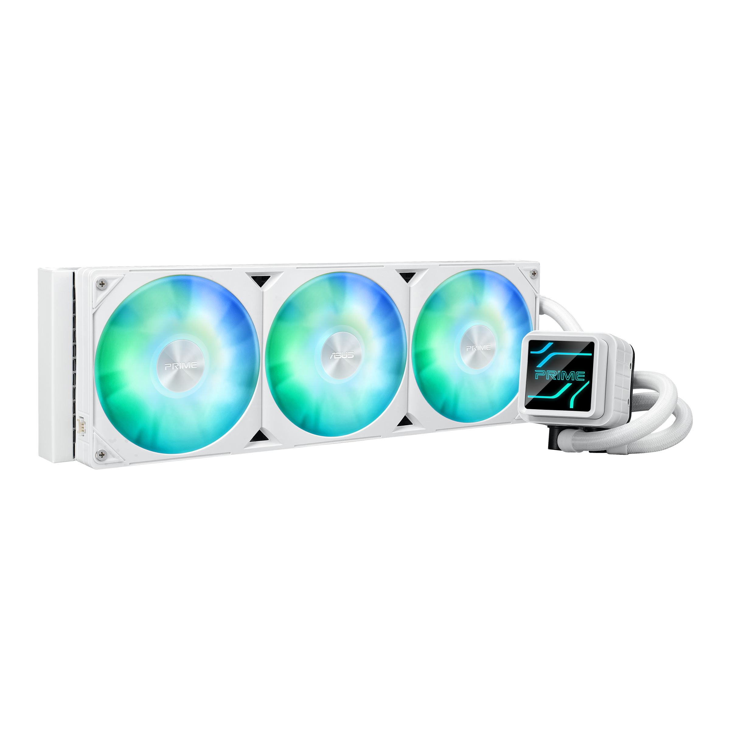 Ein weißer CPU-Kühler mit drei RGB-Lüftern und einem quadratischen Pumpenkopf.