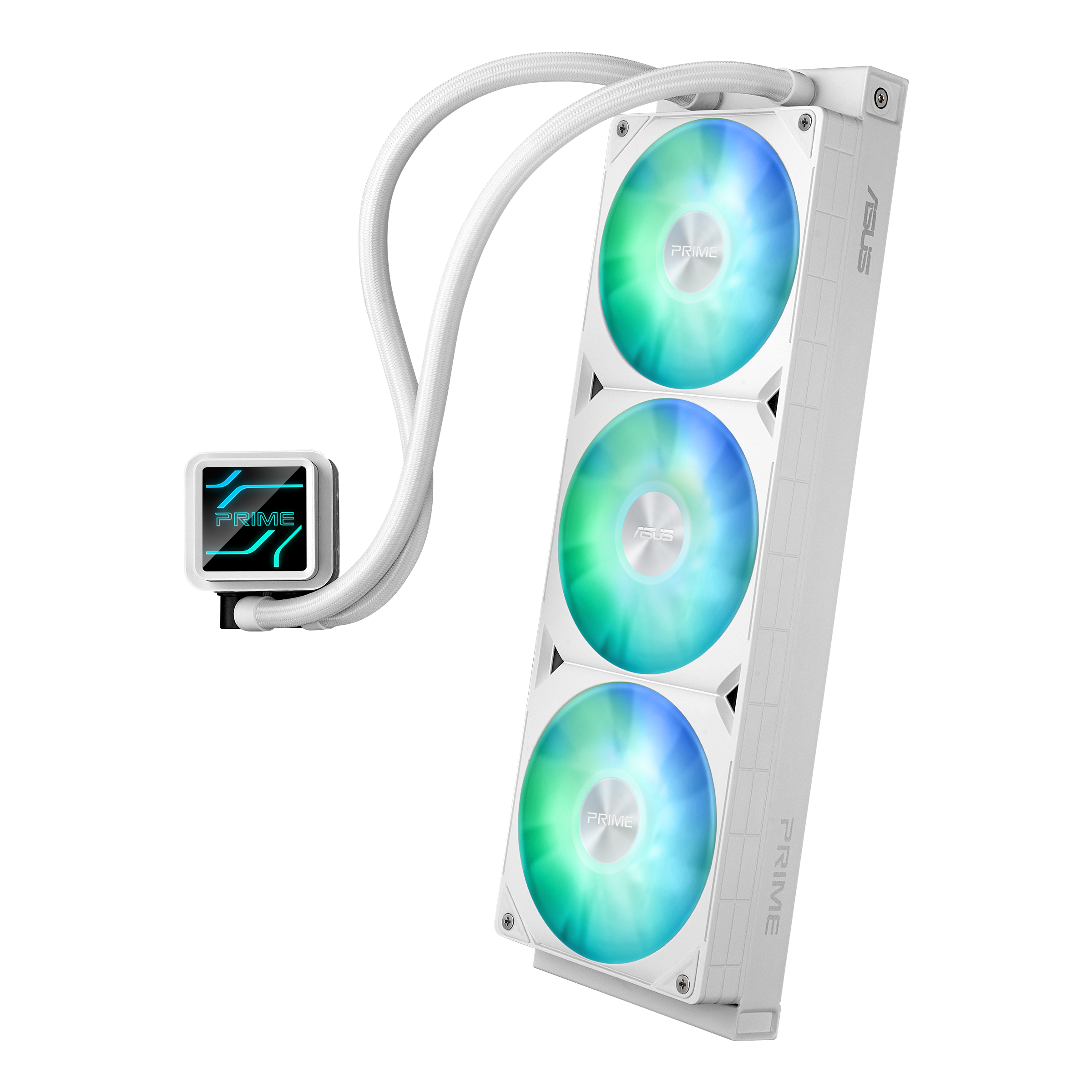 Ein weißer PC-Flüssigkeitskühler mit drei Lüftern und beleuchtetem Pumpenkopf.