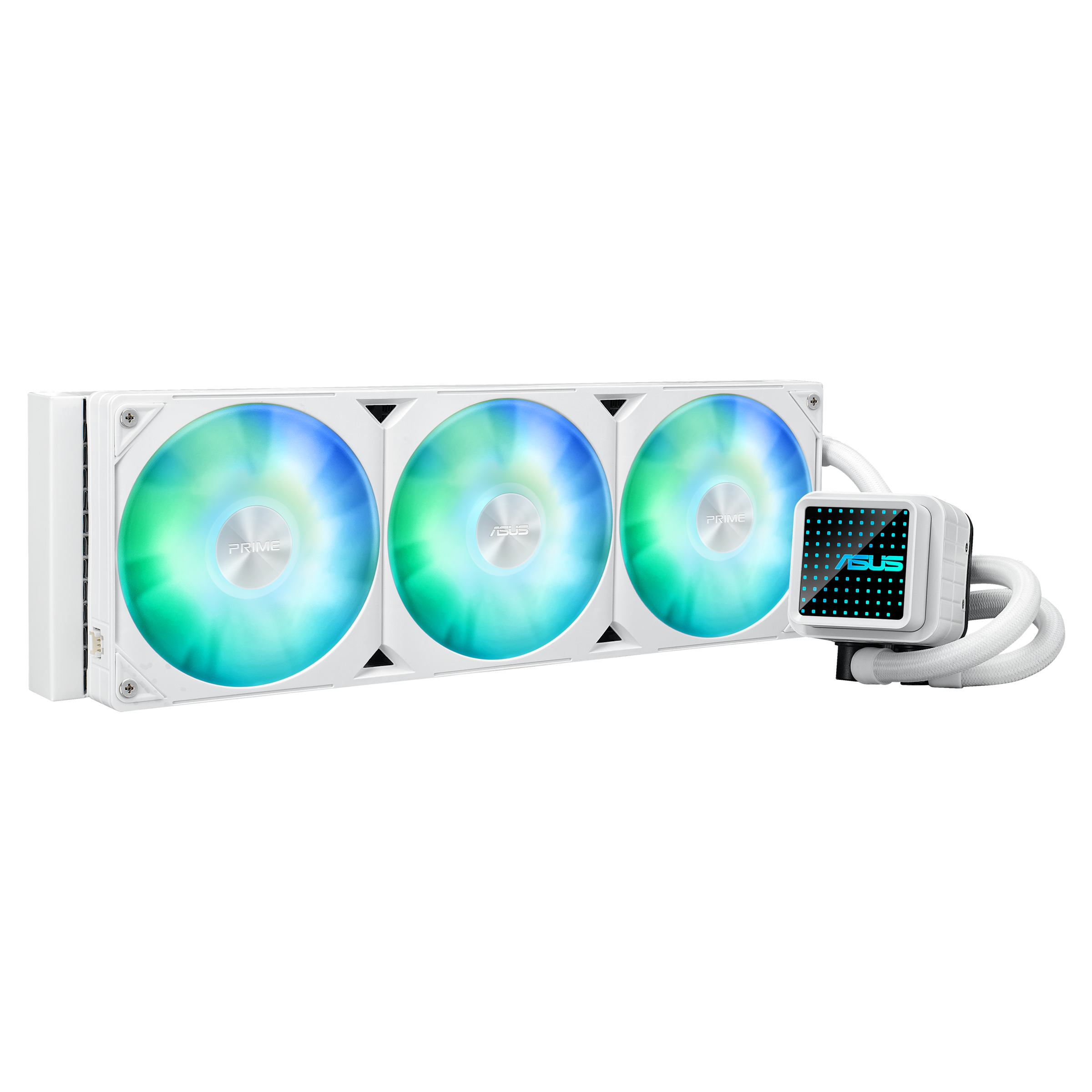 Ein weißer PC-Kühler mit drei Lüftern und RGB-Beleuchtung.