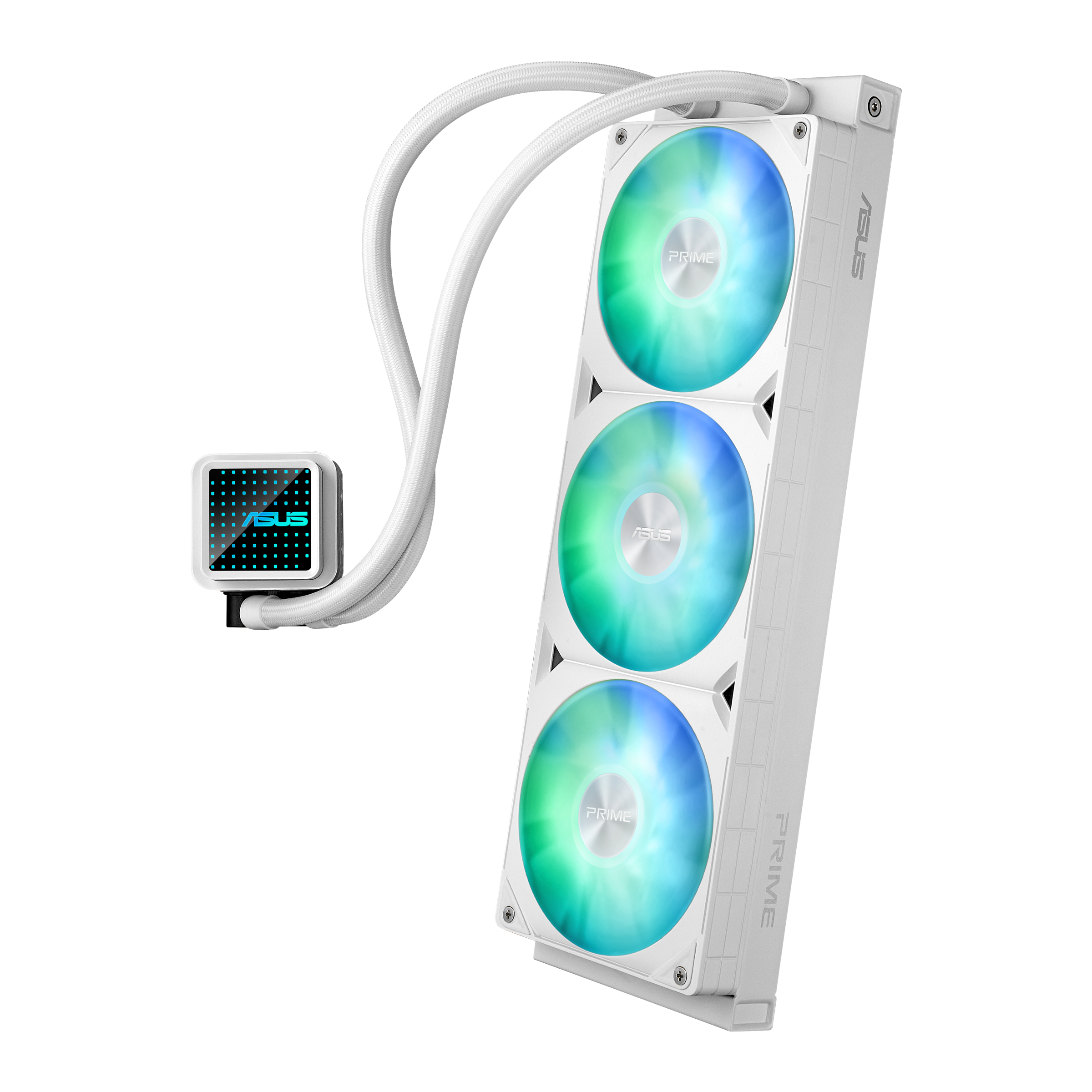 Weiße Computer-Wasserkühlung mit drei RGB-Lüftern und einem kleinen Display.