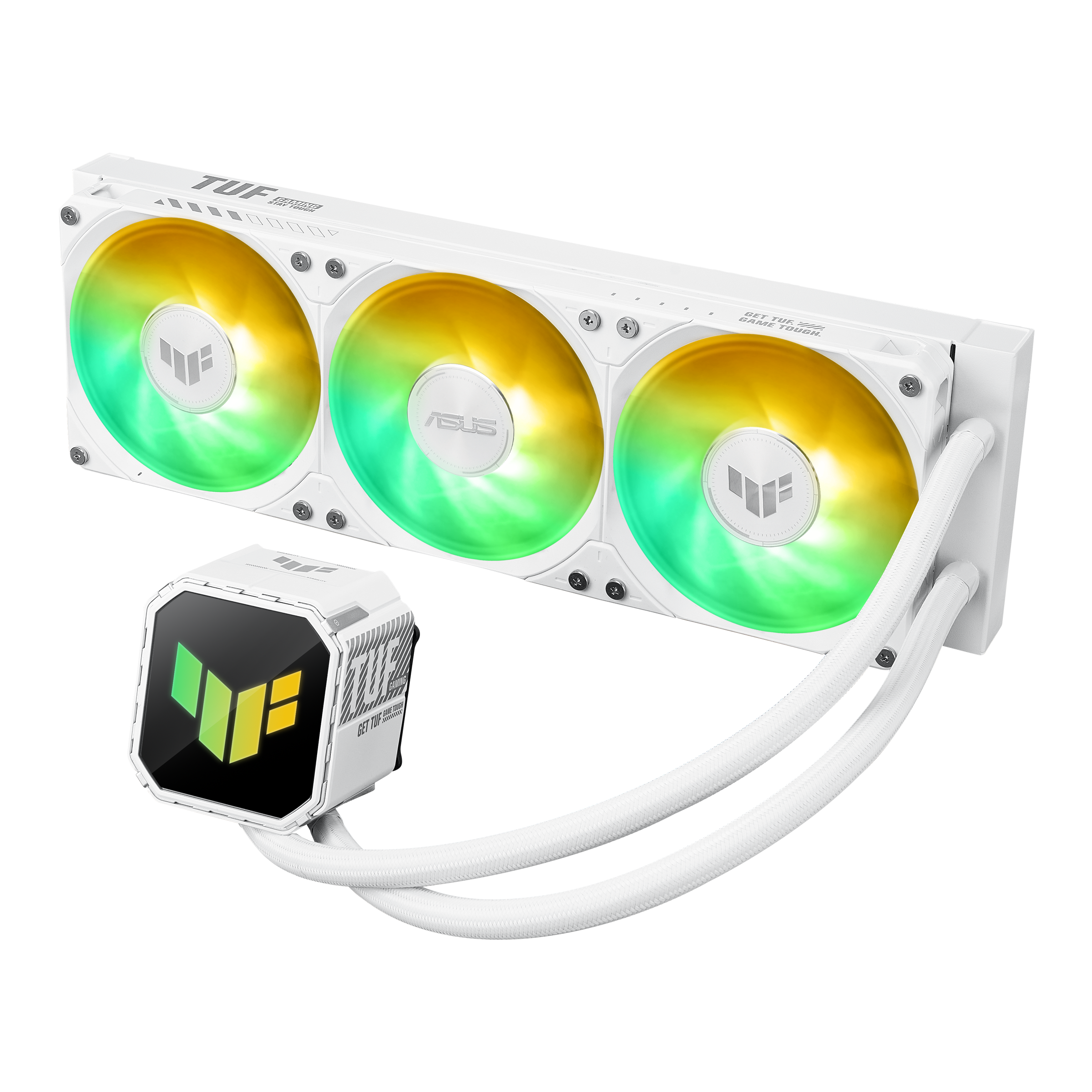 Ein weißer PC-Kühler mit drei RGB-Lüftern und einem separaten Pumpenkopf.