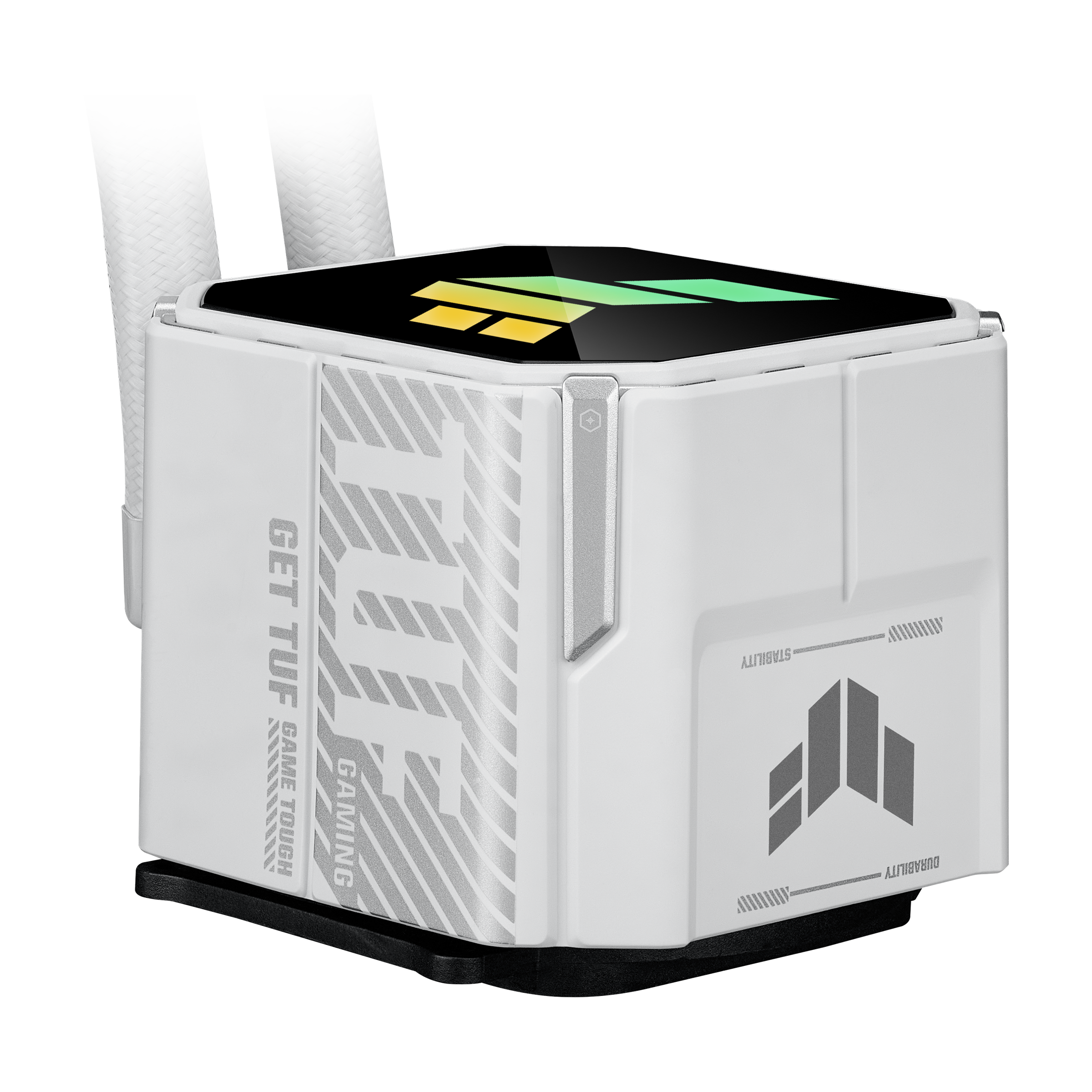 Weißer PC-Kühler mit RGB-Beleuchtung, TUF Gaming-Logo und silbernen Akzenten.