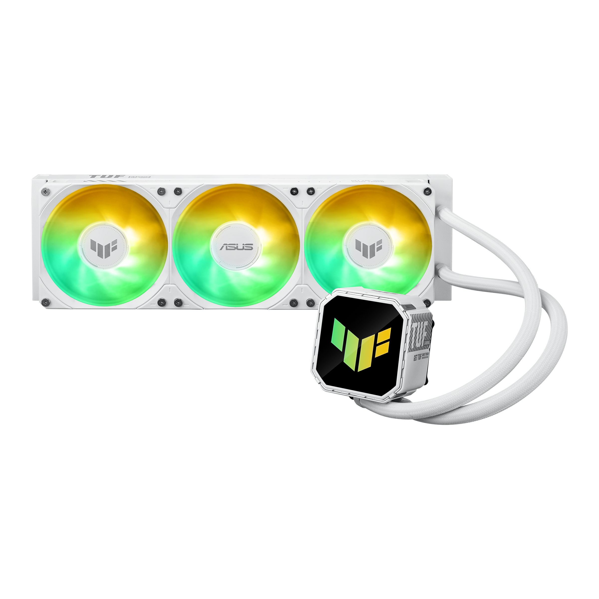 Ein weißer PC-Kühler mit drei Lüftern und RGB-Beleuchtung.