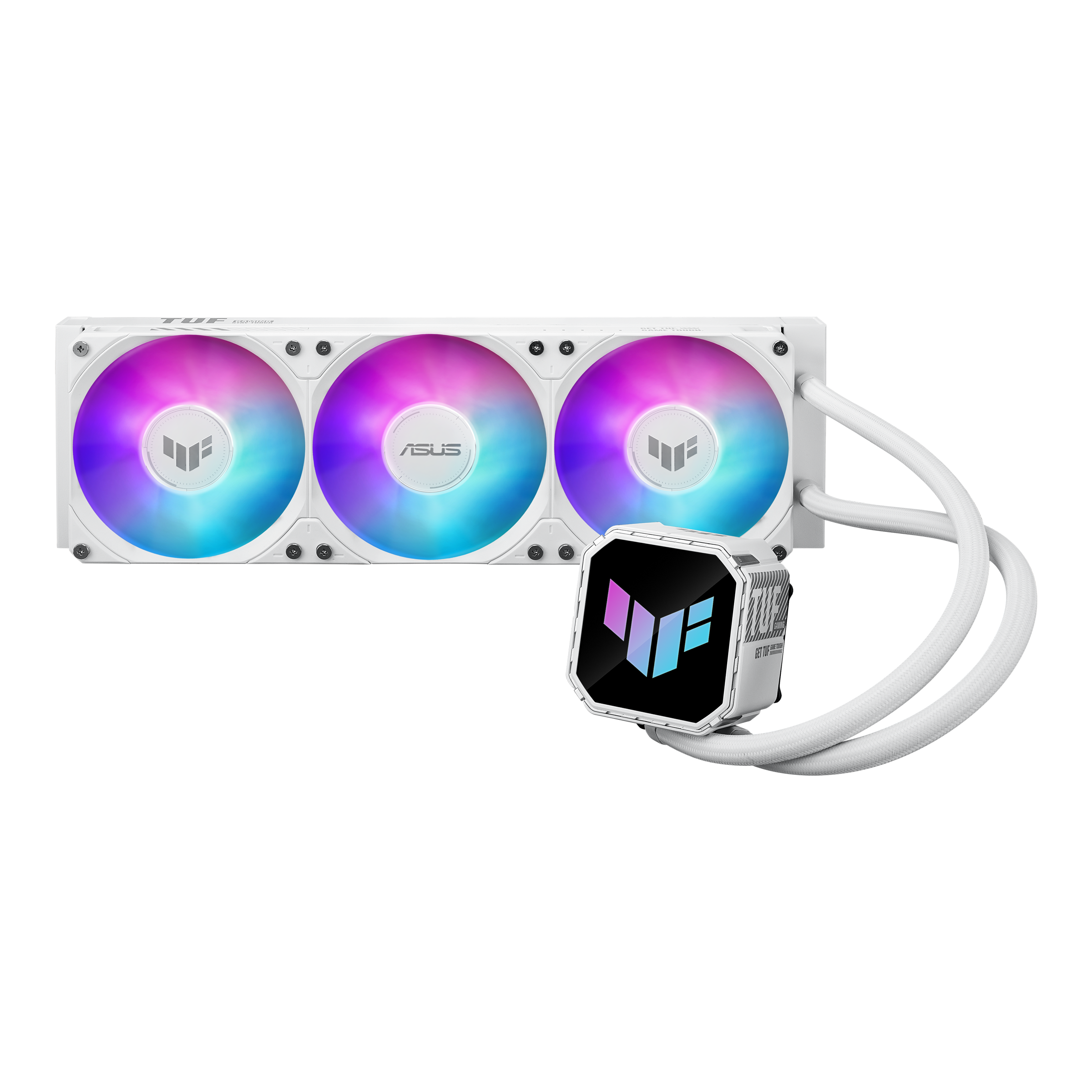 Weiße CPU-Kühlerlüfter mit RGB-Beleuchtung und einem zentralen silbernen Logo.