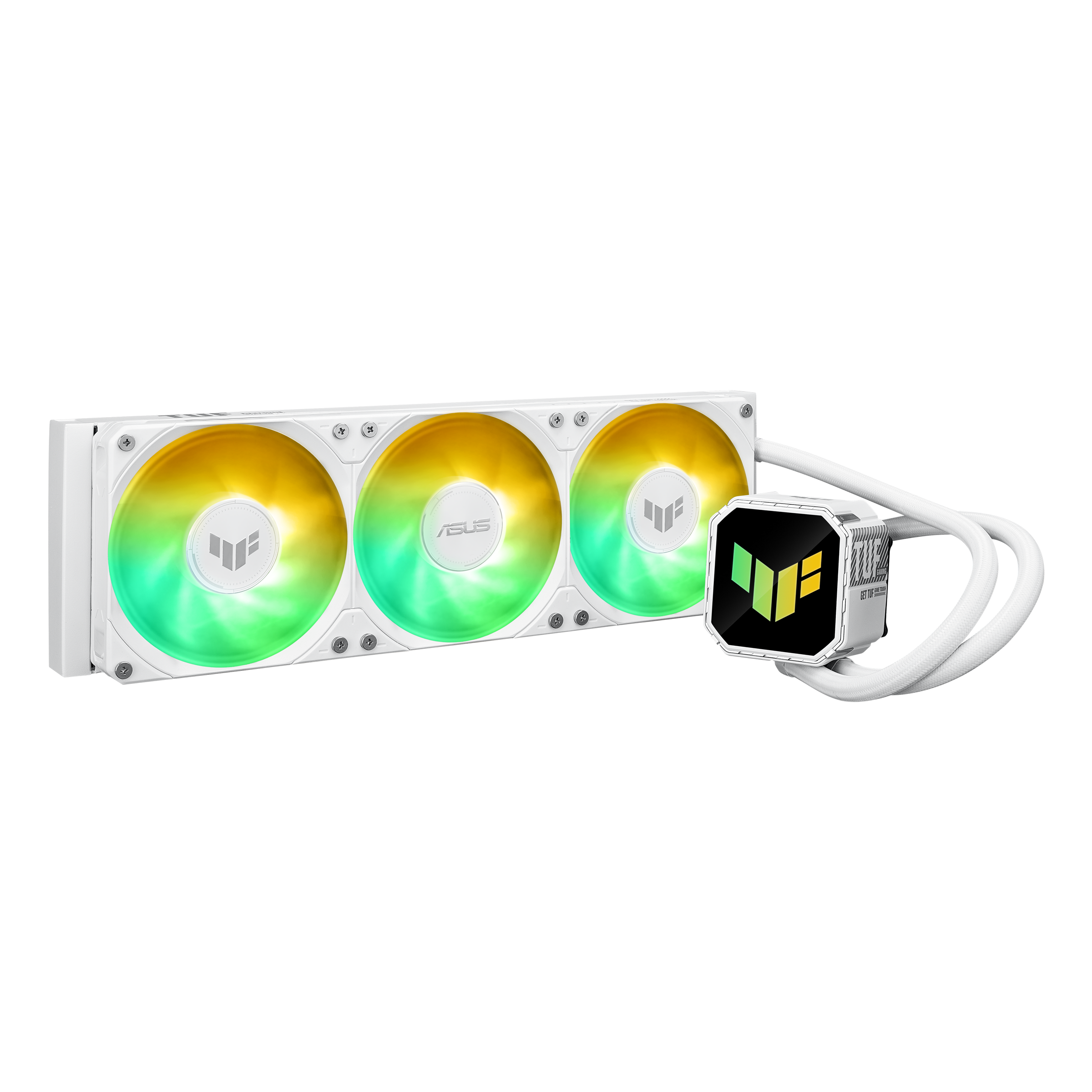 Ein weißer PC-Kühler mit drei Lüftern und RGB-Beleuchtung.