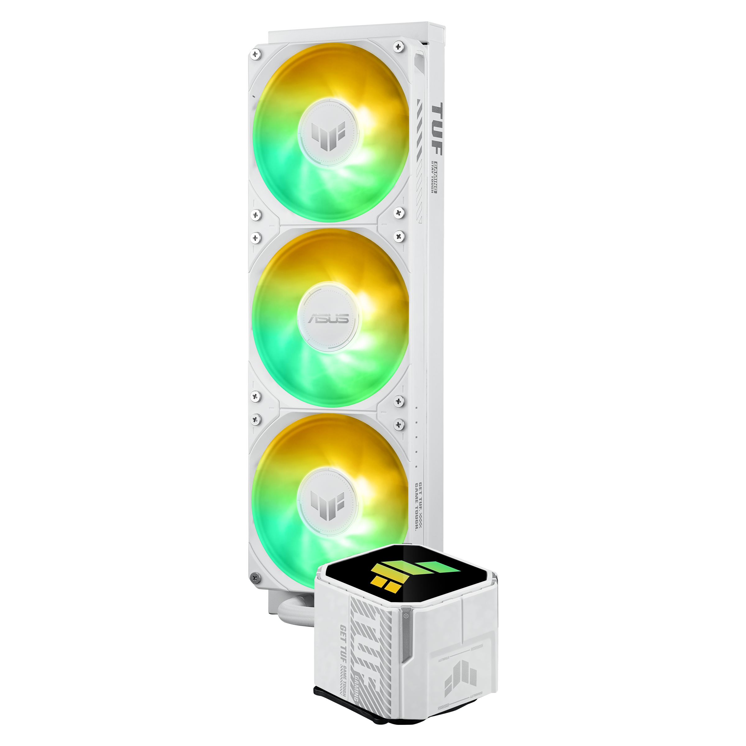 Weiße PC-CPU-Kühlung mit drei RGB-Lüftern und separater Pumpeinheit.