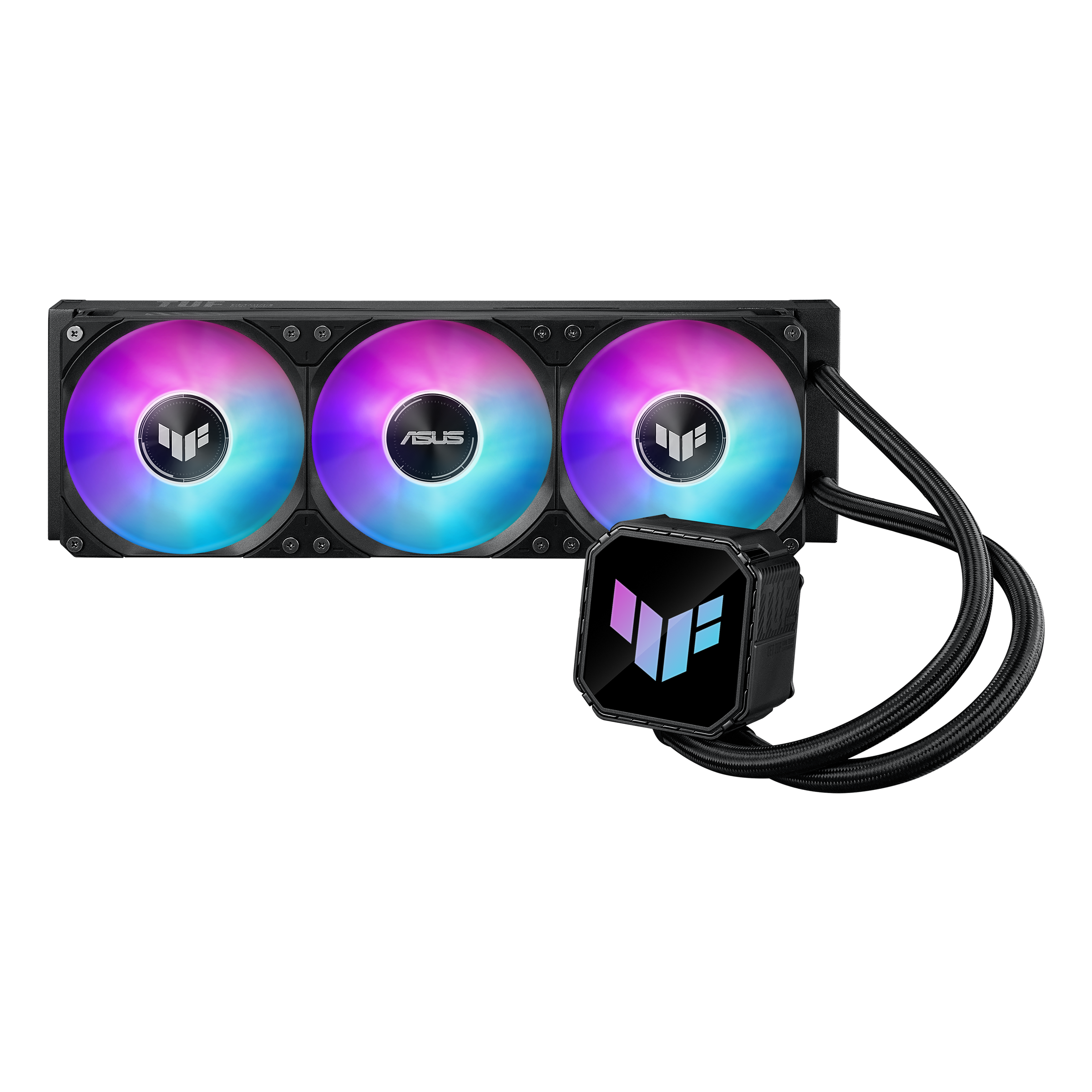 Ein schwarzer Computerlüfter mit RGB-Beleuchtung und Schläuchen.