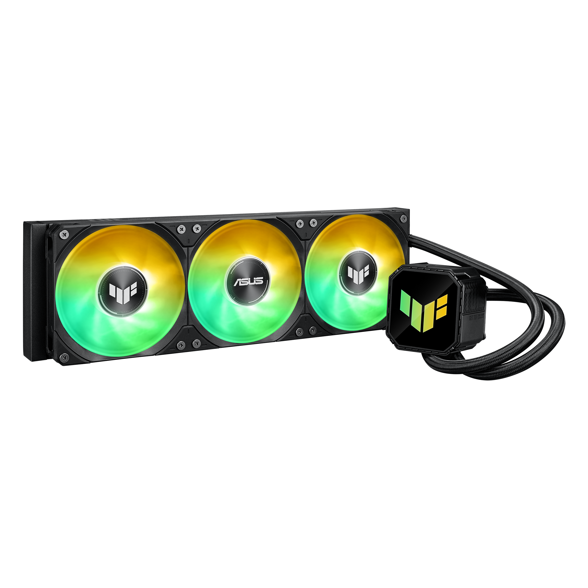Ein schwarzer Computer-CPU-Kühler mit drei RGB-Lüftern und einem Pumpengehäuse.