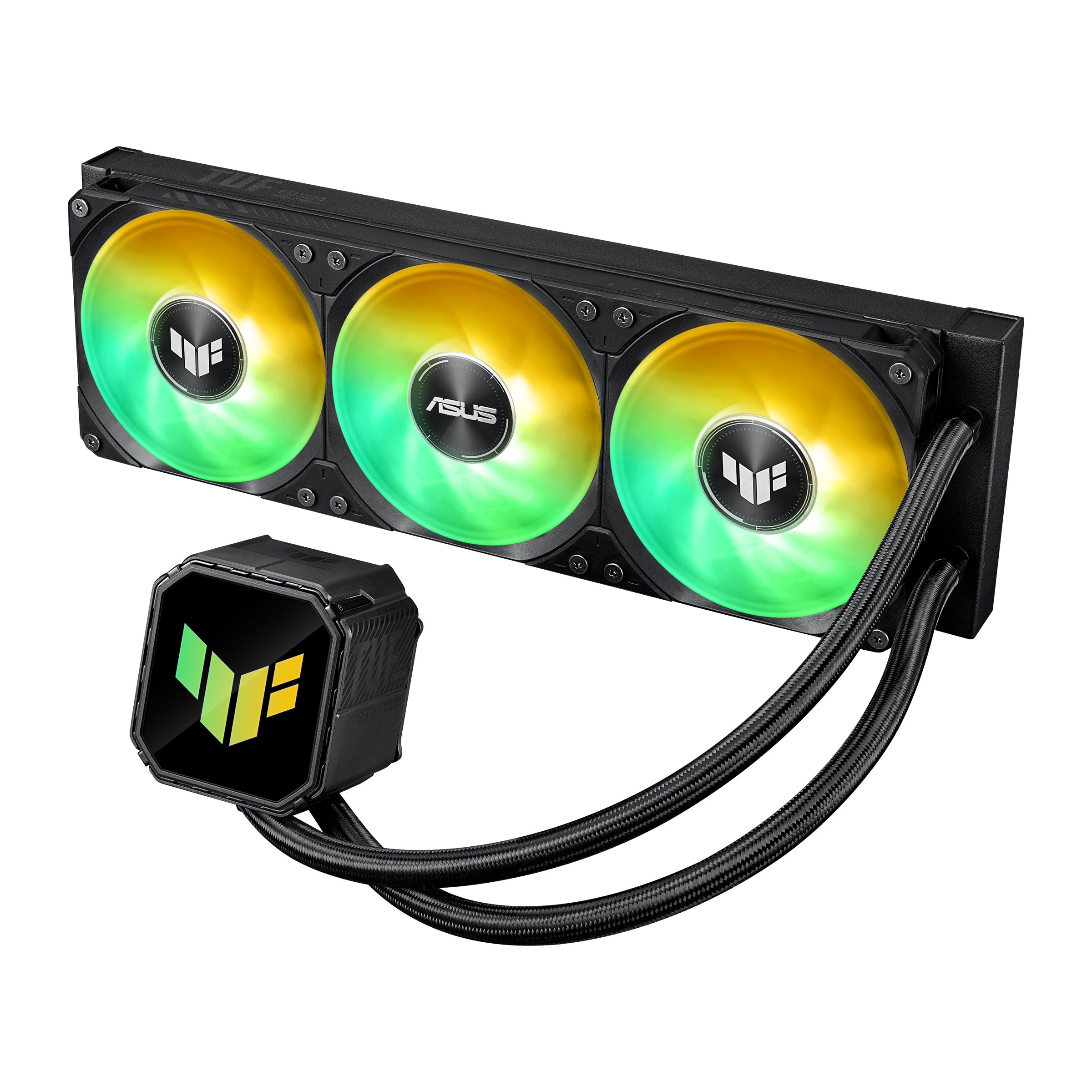 Ein schwarzer Computer-CPU-Kühler mit drei Lüftern und RGB-Beleuchtung.