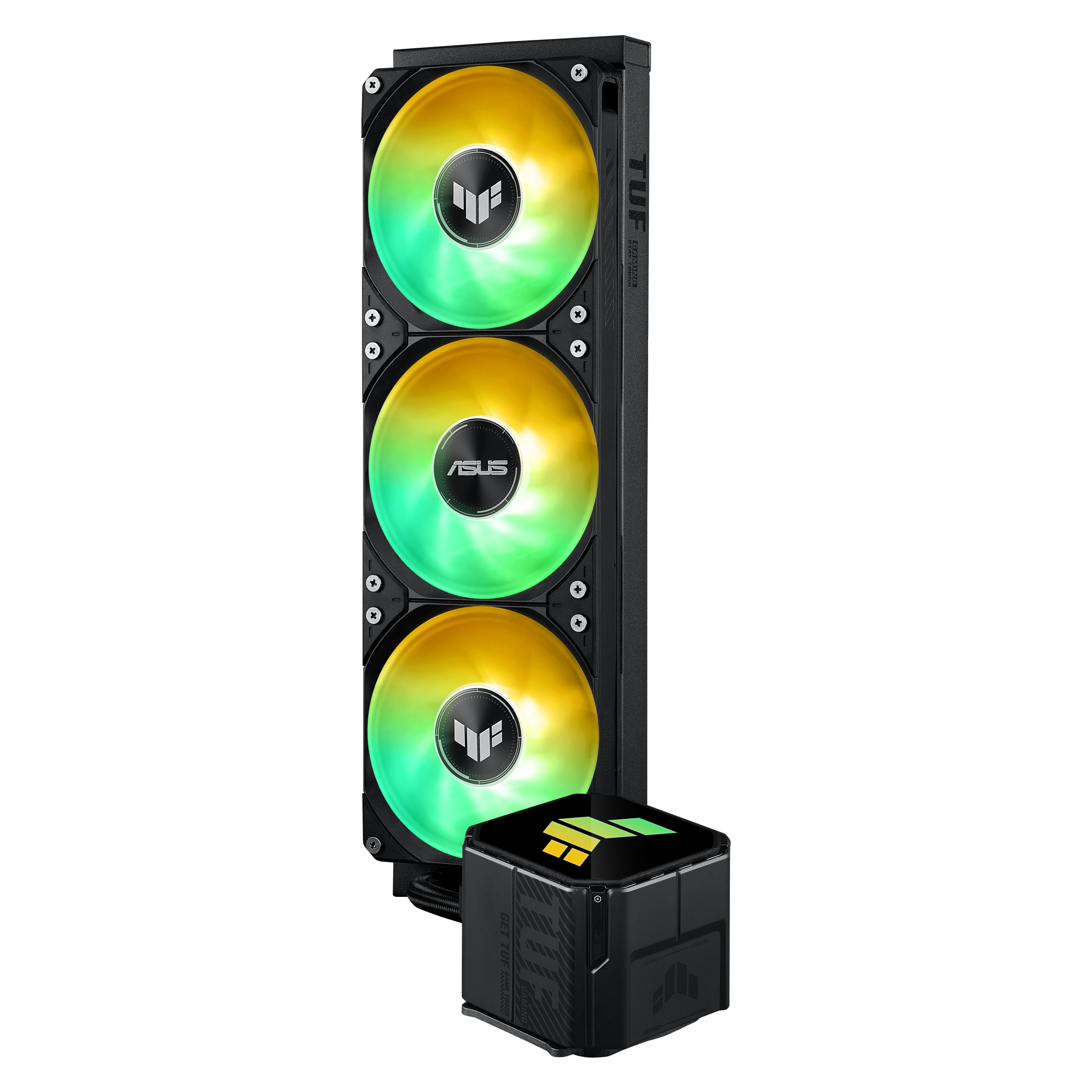 Ein CPU-Kühler mit drei beleuchteten Lüftern und einer schwarzen Pumpe.