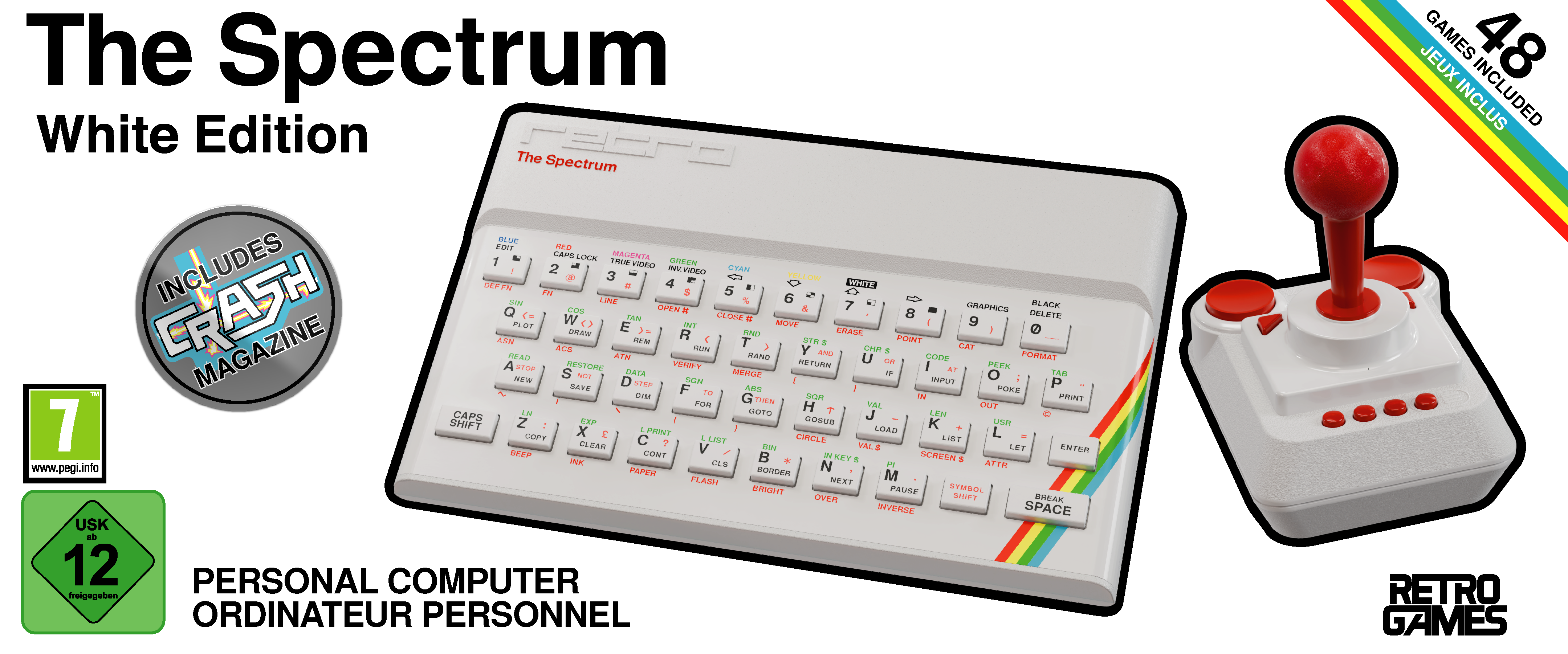 Ein Sinclair ZX Spectrum Computer mit Tastatur, Joystick und "48 Games Included"-Aufkleber.