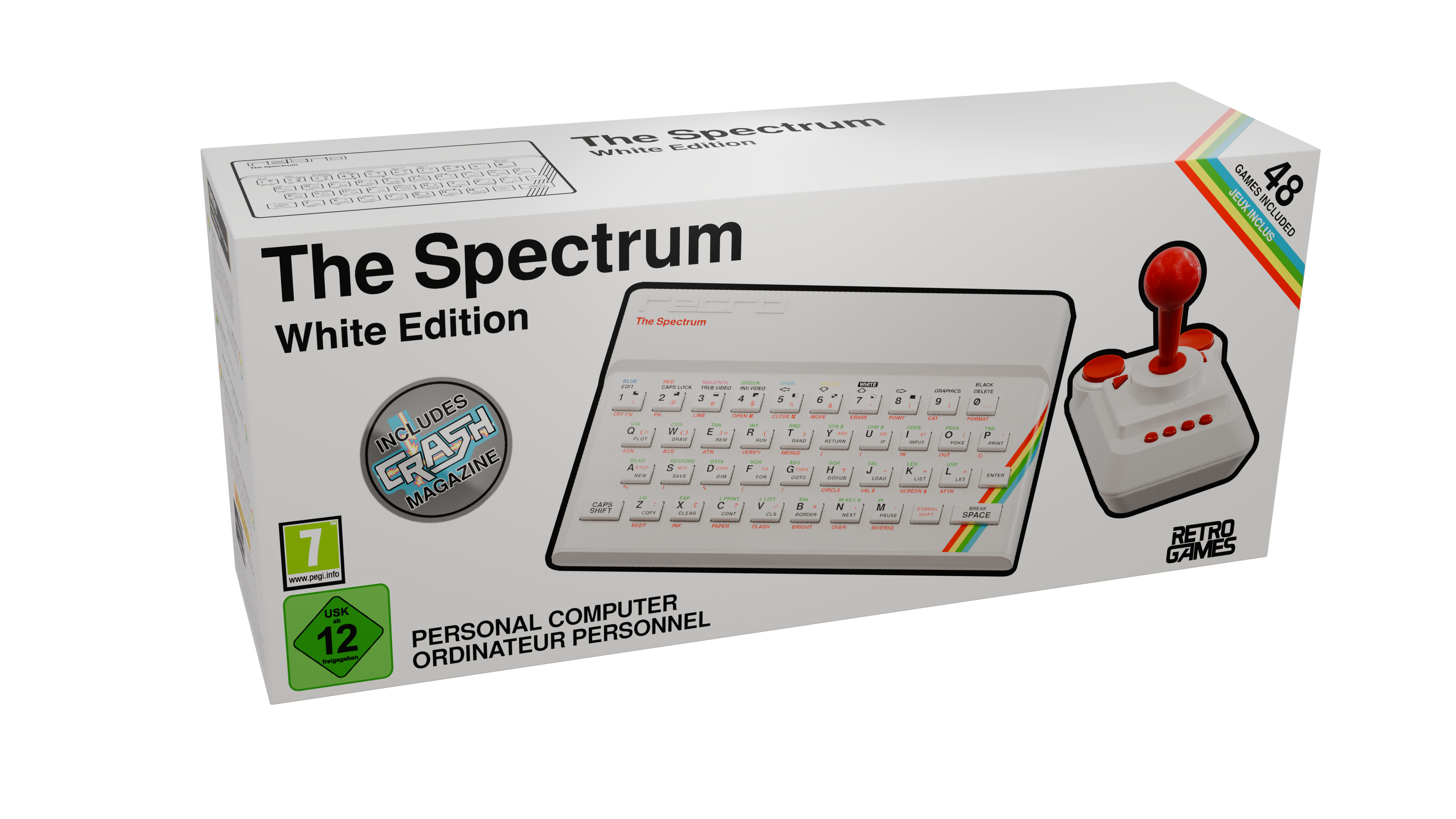 Verpackung des "The Spectrum White Edition" Computers mit Joystick. Enthält 48 Spiele.