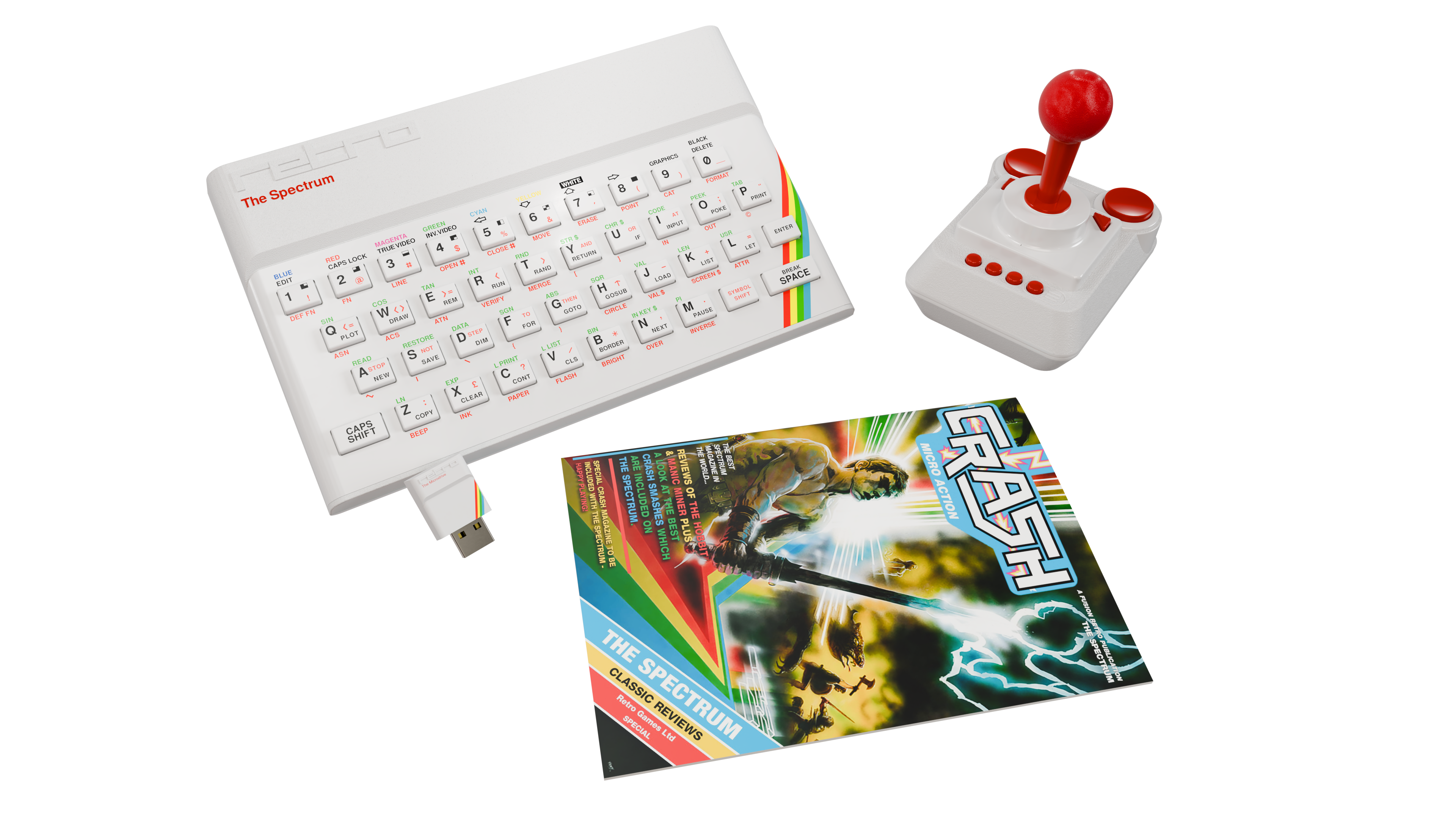 Ein weißer Sinclair Spectrum Computer mit Joystick und Magazin auf schwarzem Hintergrund.