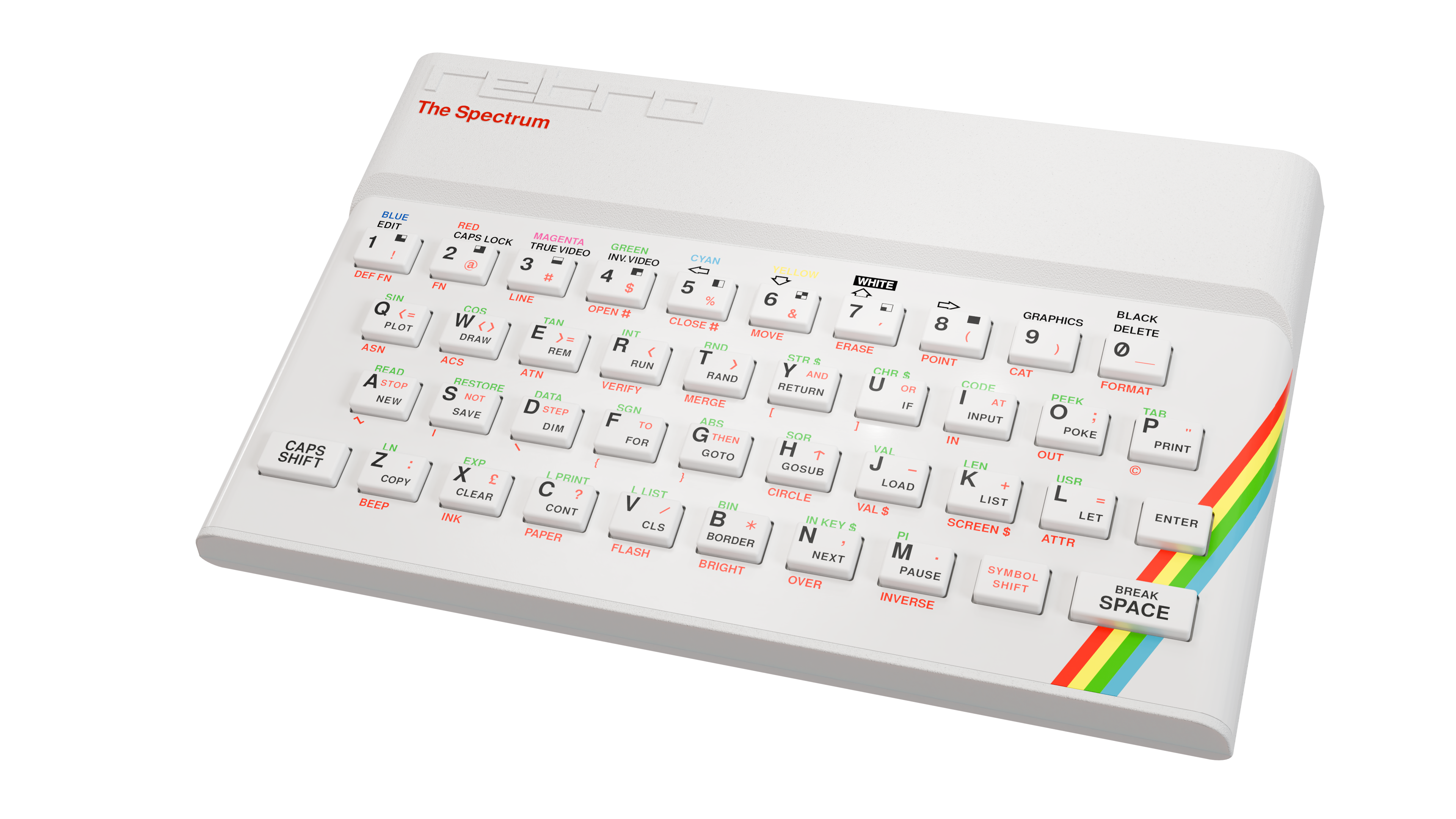 Ein weißer Sinclair ZX Spectrum Computer mit Regenbogenstreifen und Tastatur.