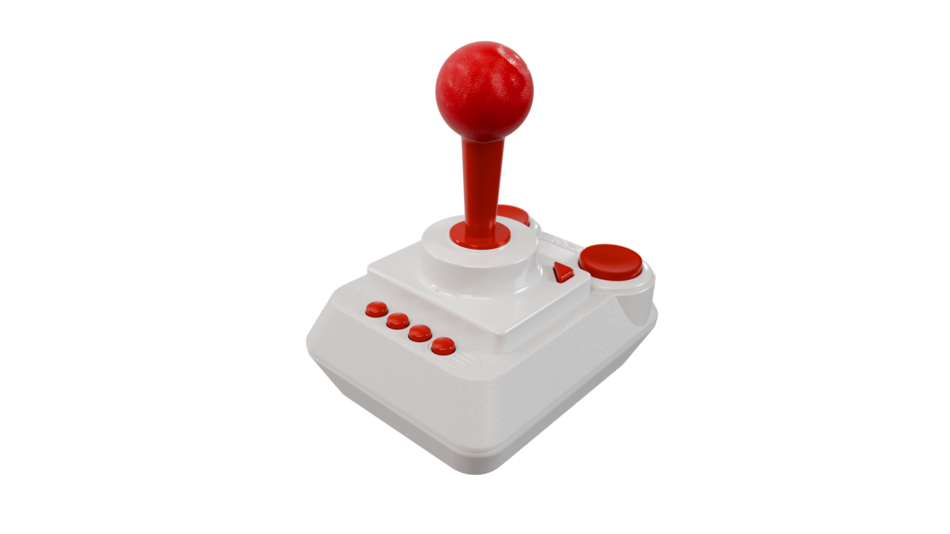 Ein weißer Joystick mit rotem Steuerknüppel und Knöpfen auf schwarzem Hintergrund.