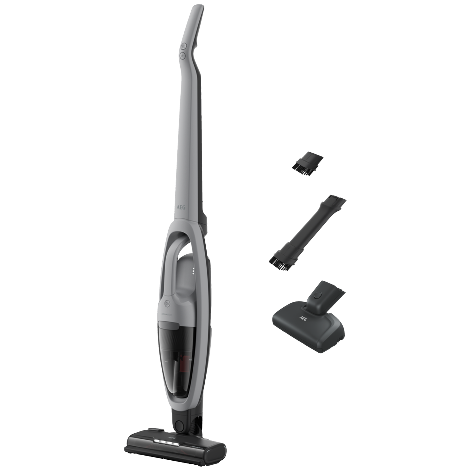 Gray cordless vacuum cleaner with attachments.