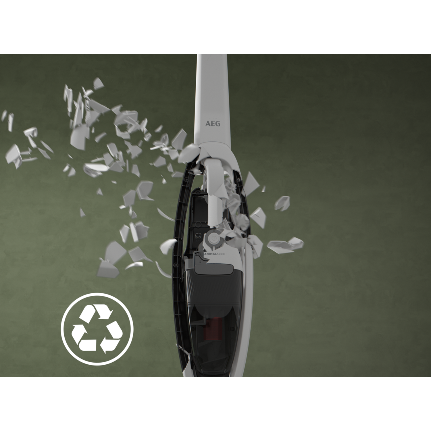A white vacuum cleaner with debris flying around. Recycling symbol on the left.