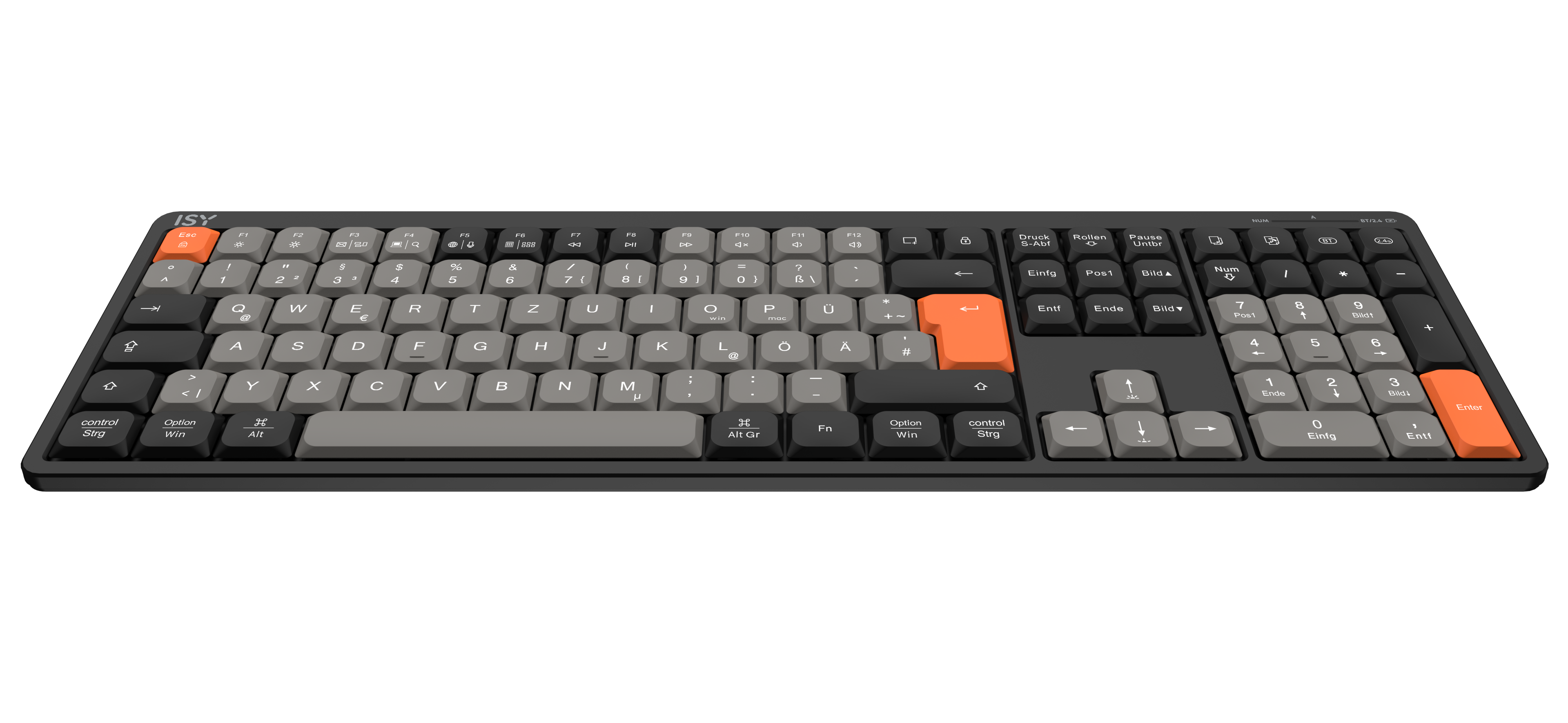 Eine graue Tastatur mit orangen Akzenttasten auf schwarzem Hintergrund.