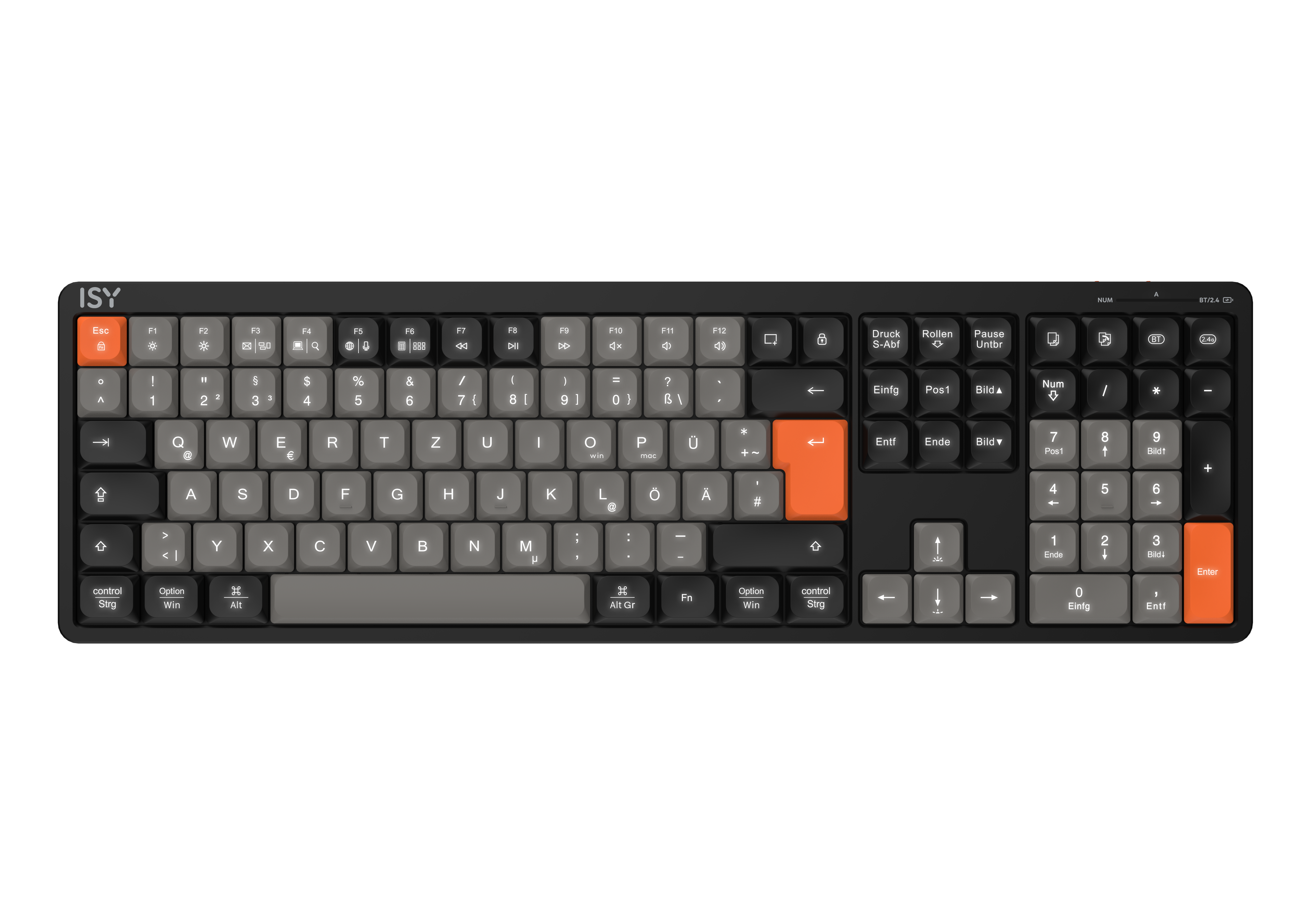 Eine Nahaufnahme einer schwarzen Tastatur mit grauem und orangenem Tastenlayout.