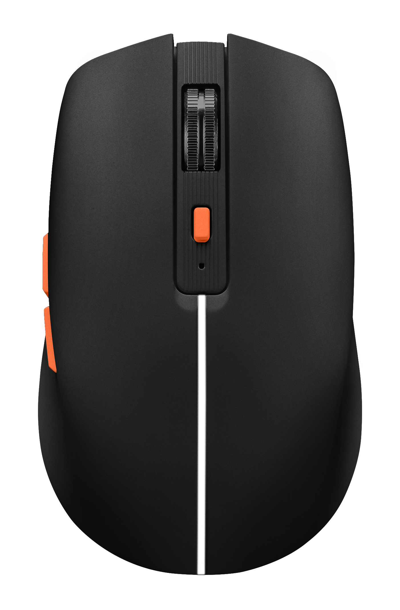 Schwarze Maus mit orangefarbenen Akzenten und einem weißen Streifen.
