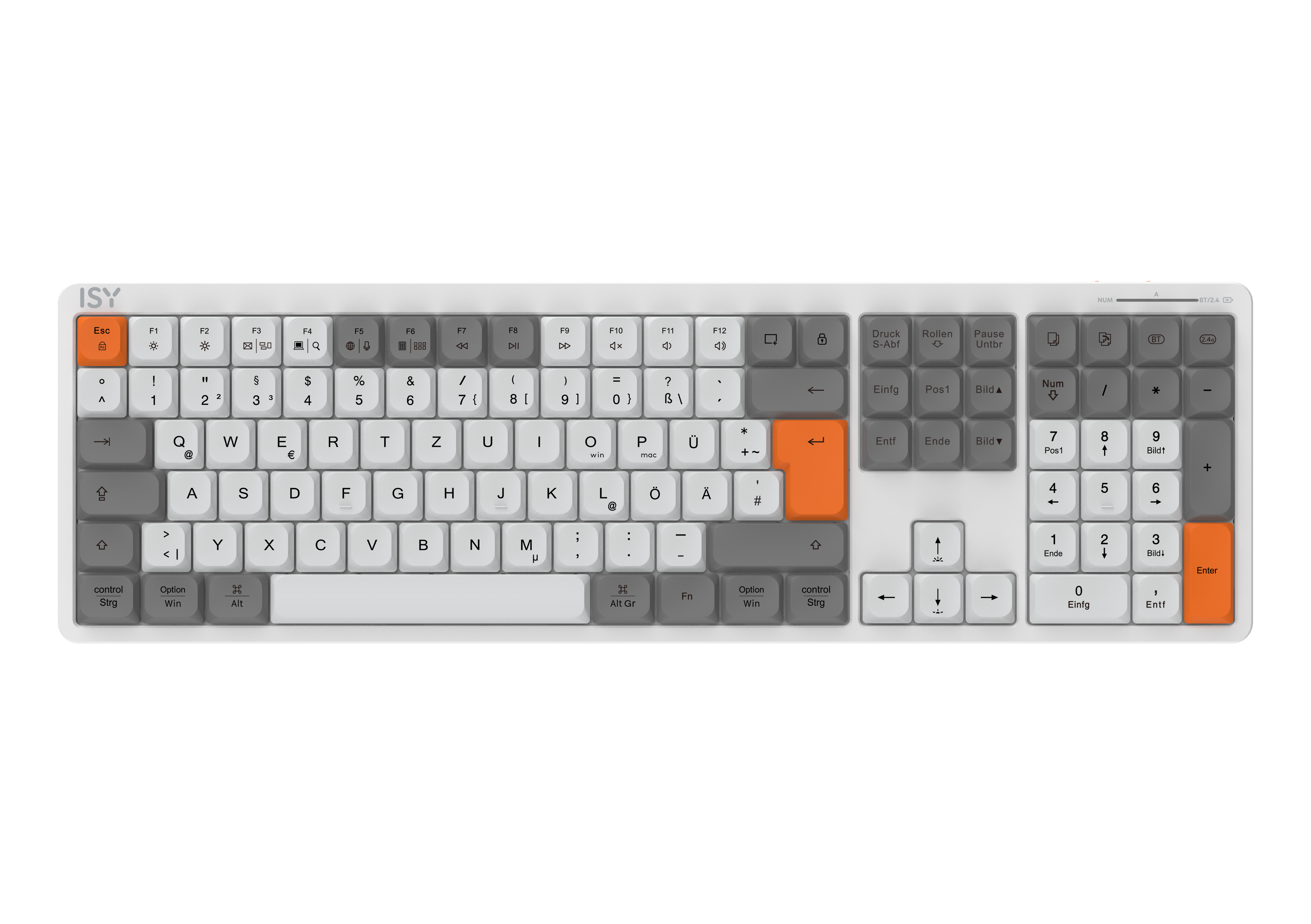 Eine weiße Tastatur mit einem orangefarbenen Enter- und Esc-Knopf.