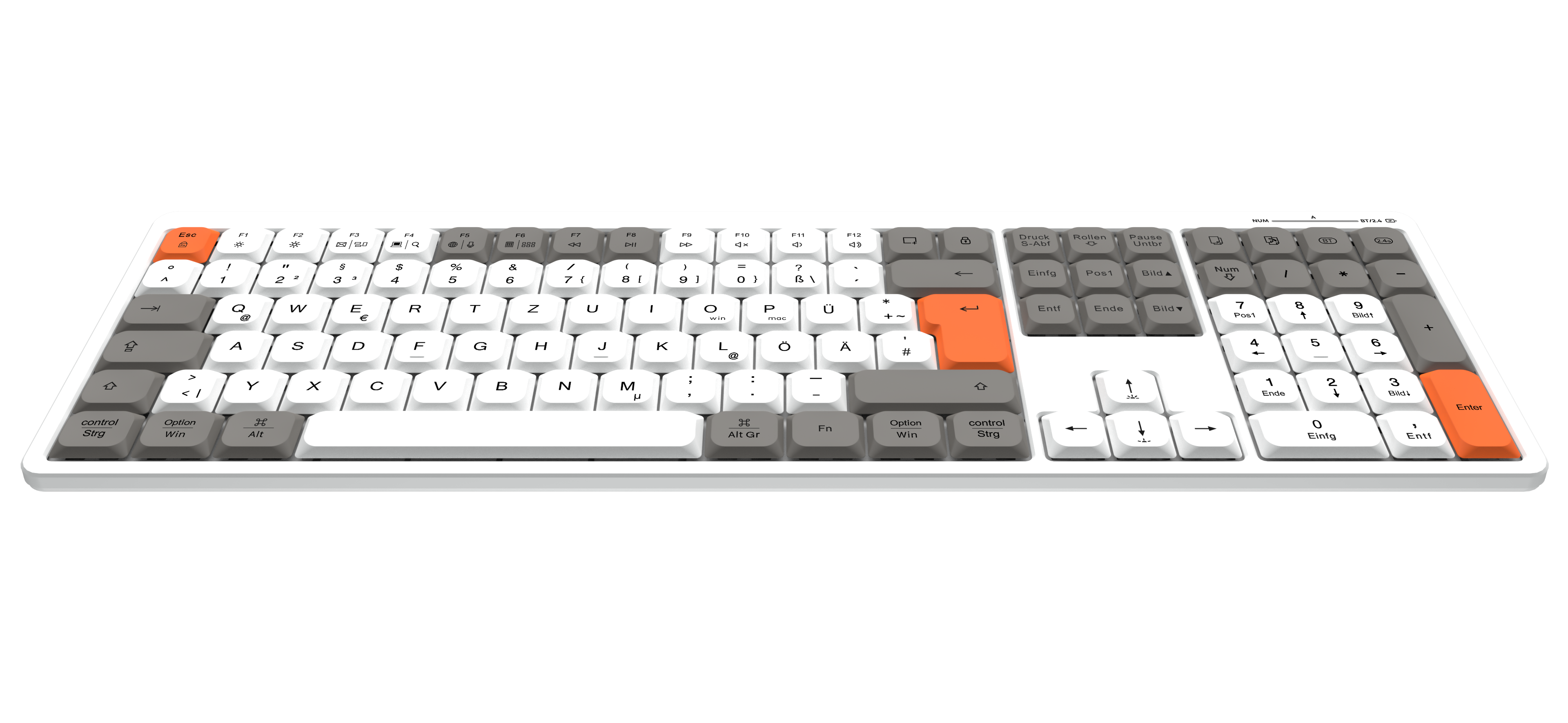 Eine weiße Tastatur mit farbigen Tasten auf schwarzem Hintergrund.