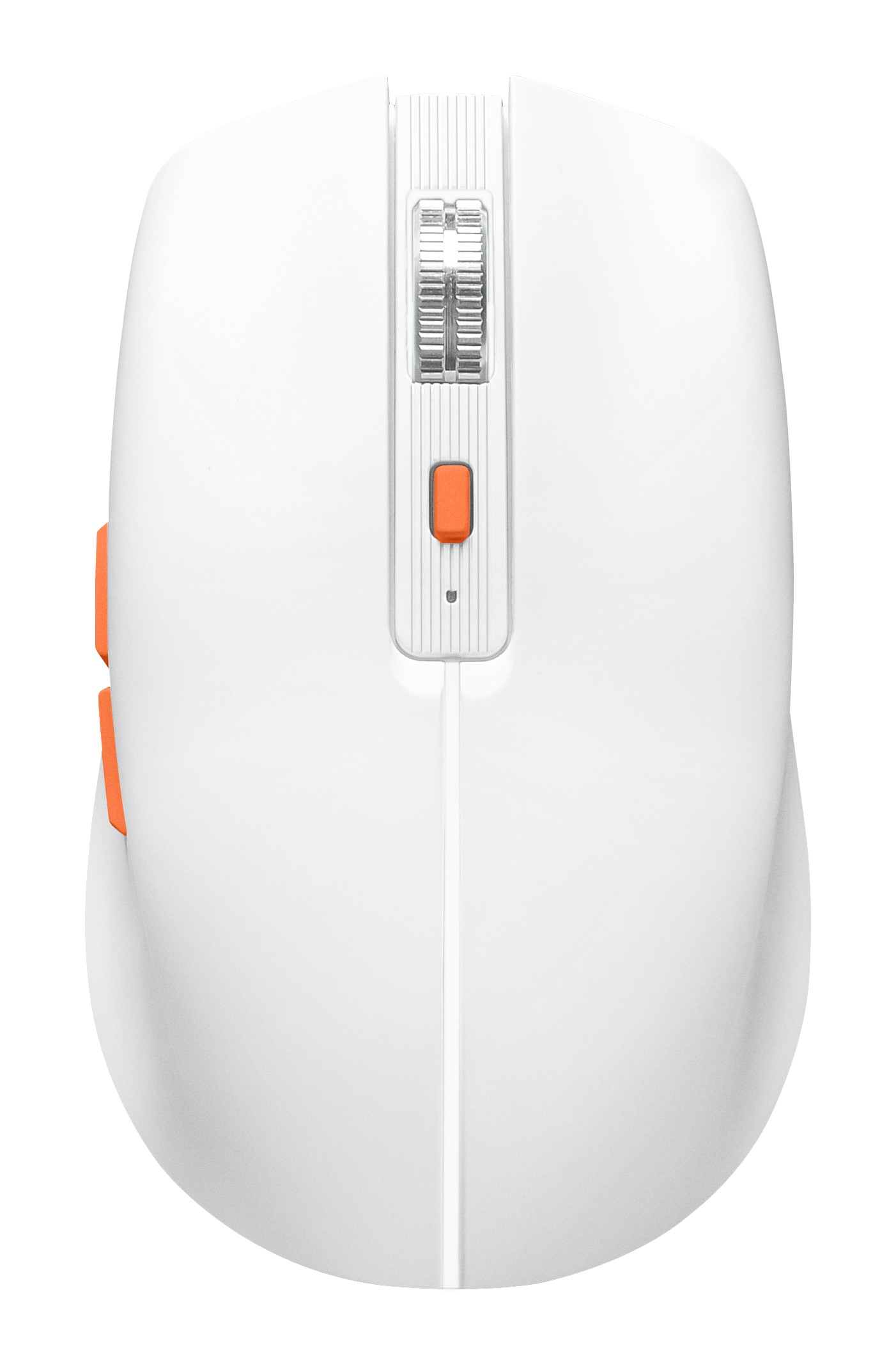 Weiße Maus mit orangen Akzenten, Scrollrad und Knöpfen.