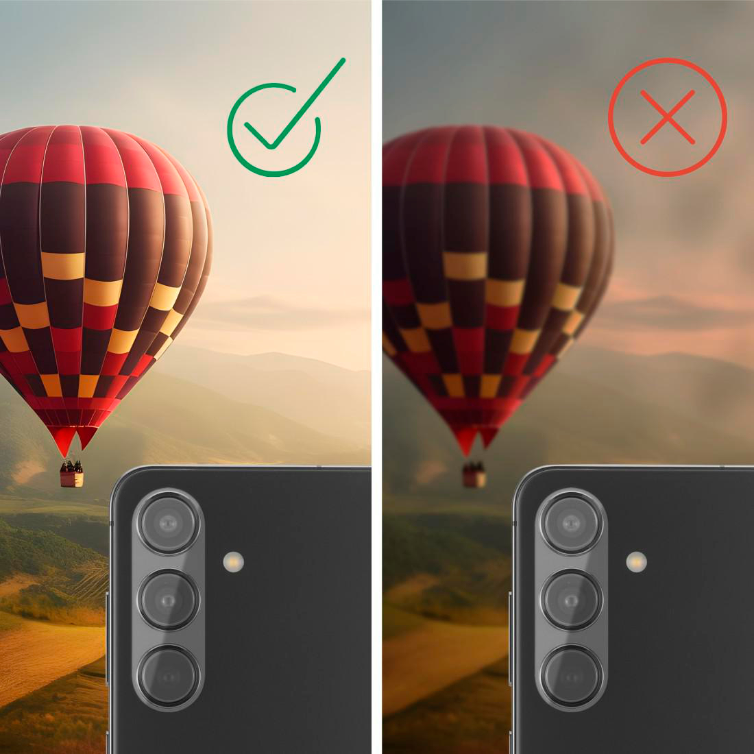 Zwei Bilder zeigen einen Heißluftballon. Links ein Häkchen, rechts ein Kreuz.
