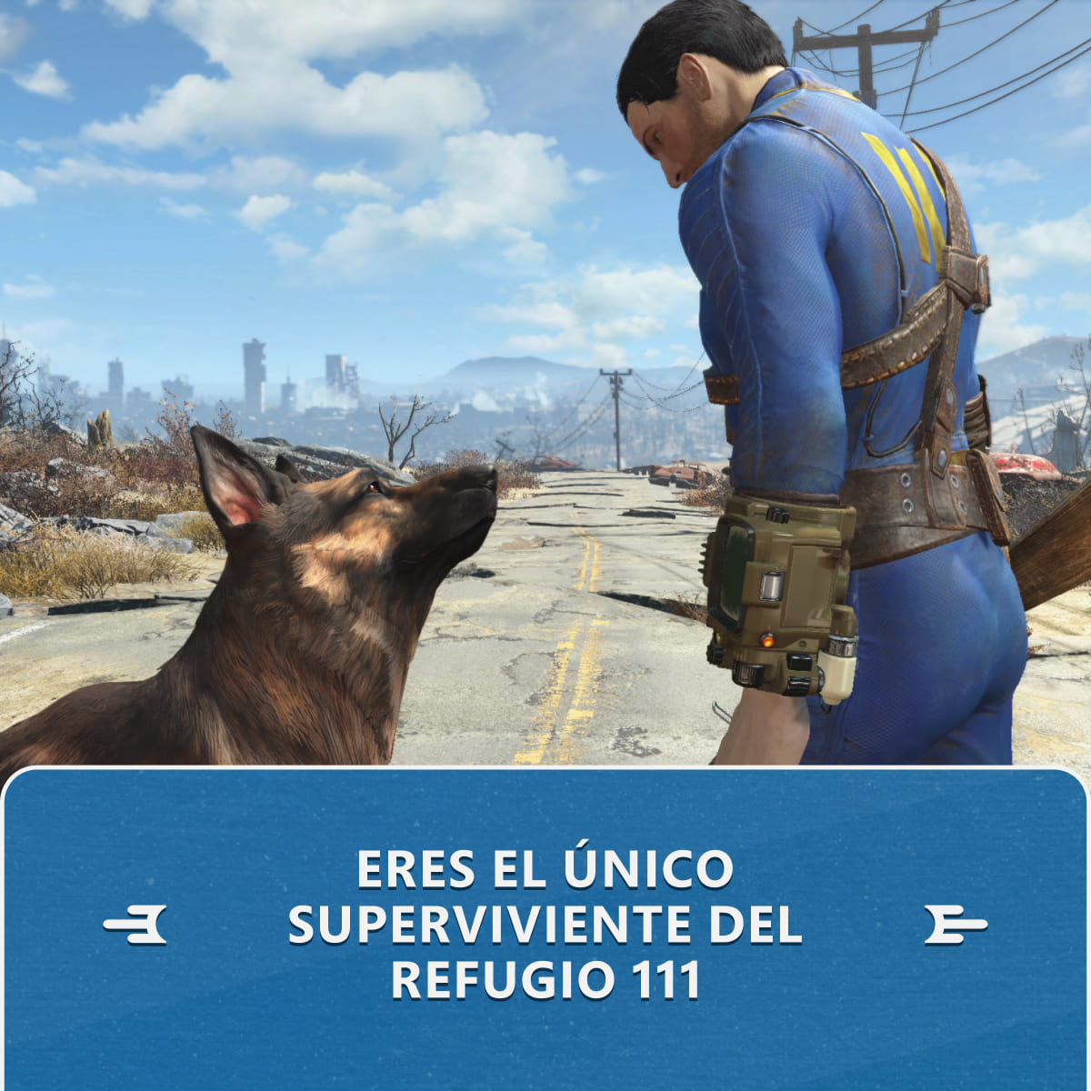 Un hombre con mono azul mira a un perro en una carretera.