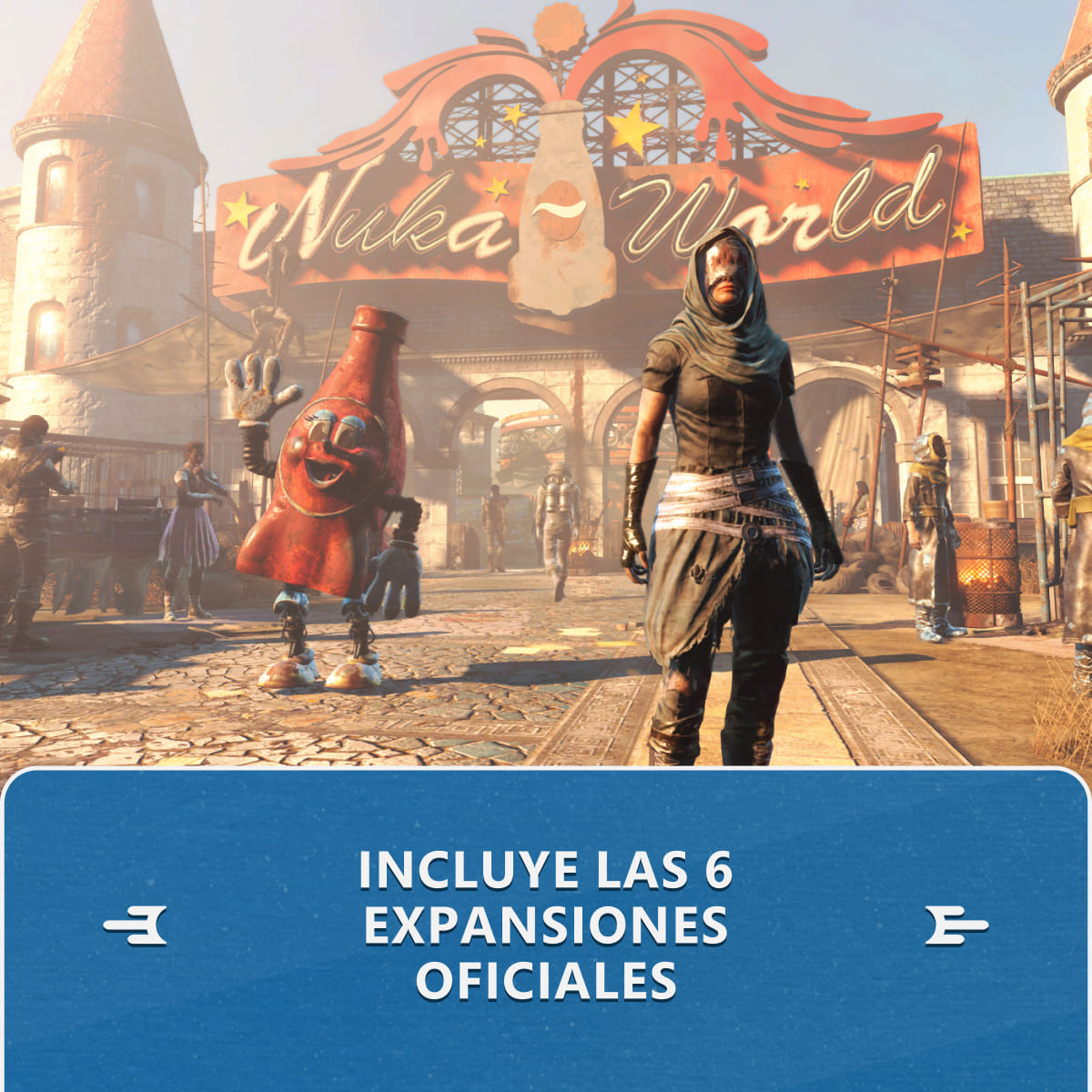 Un personaje de botella de cola de dibujos animados y una mujer frente al cartel de Nuka World.
