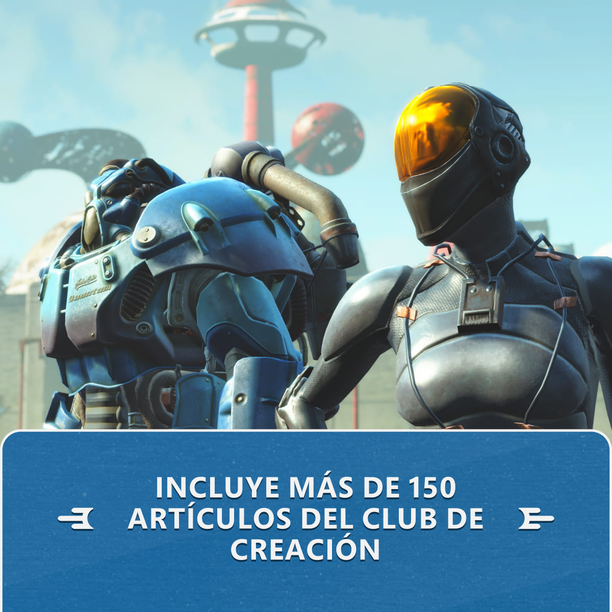 Dos personajes con armadura frente a un telón de fondo futurista.