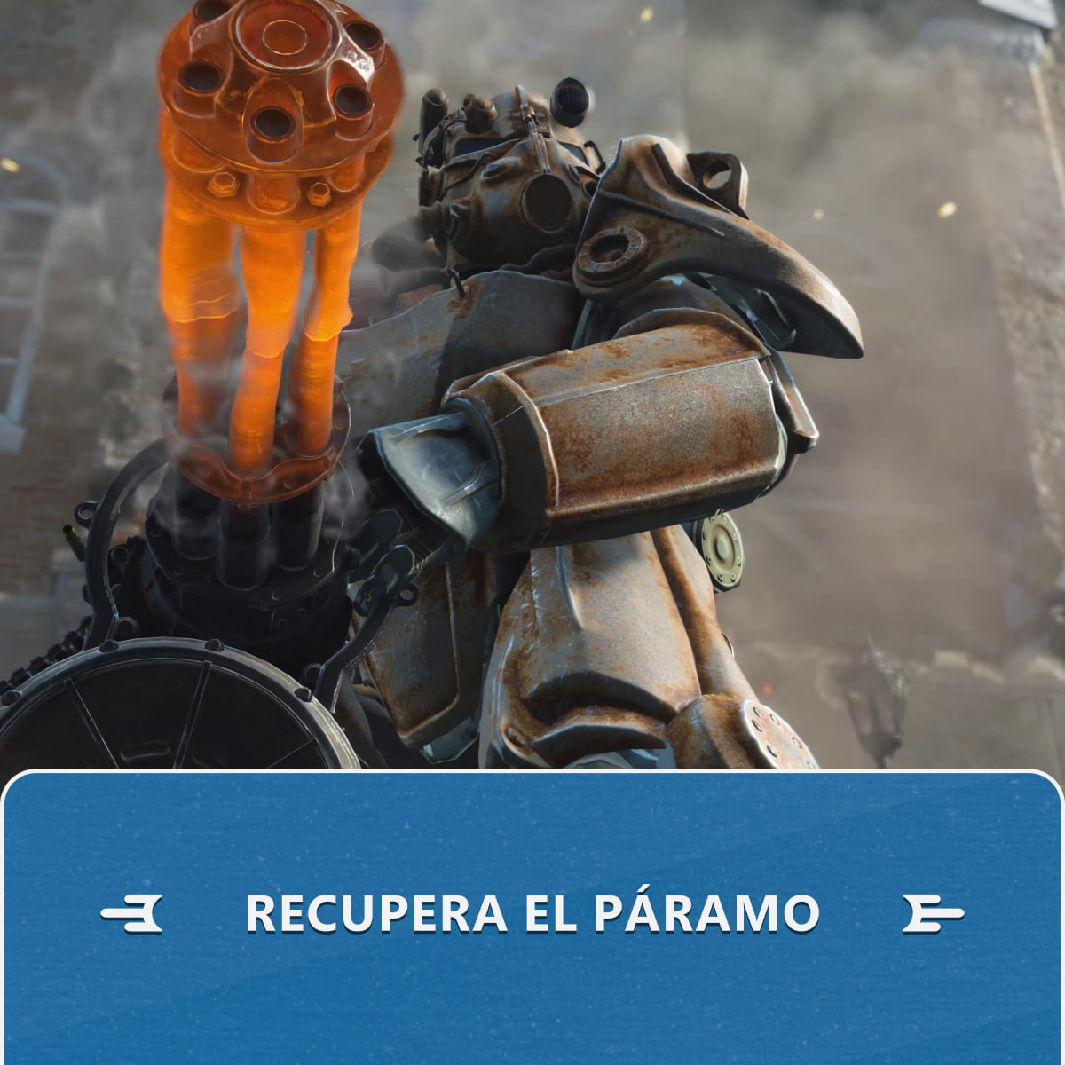 Soldado blindado con lanzallamas en un entorno humeante.