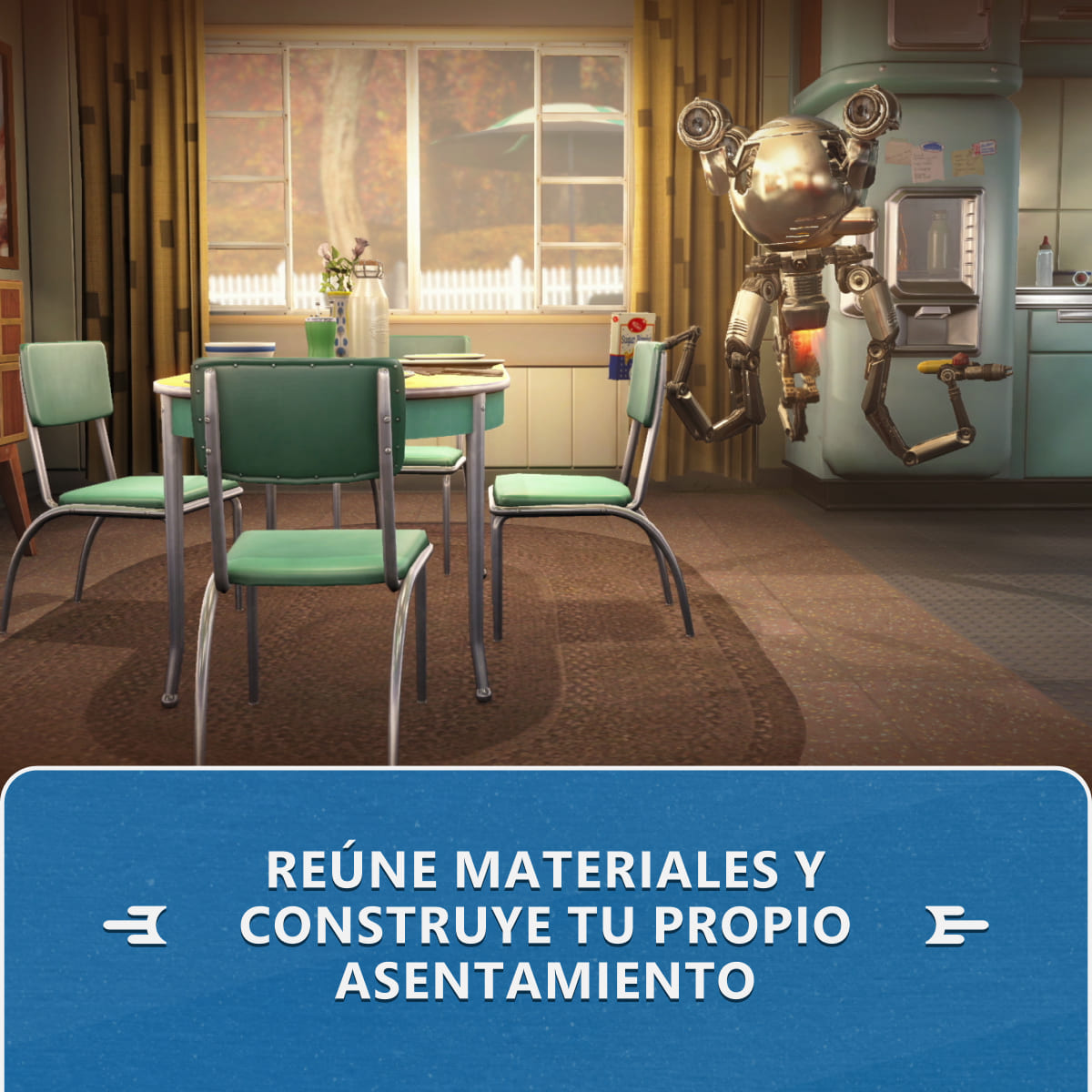 Un robot flota en una cocina retro con mesa y sillas.