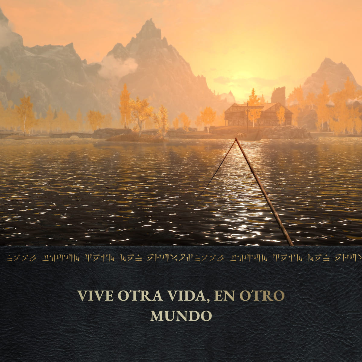 Caña de pescar en lago con montañas, árboles y casa al atardecer. Texto abajo.