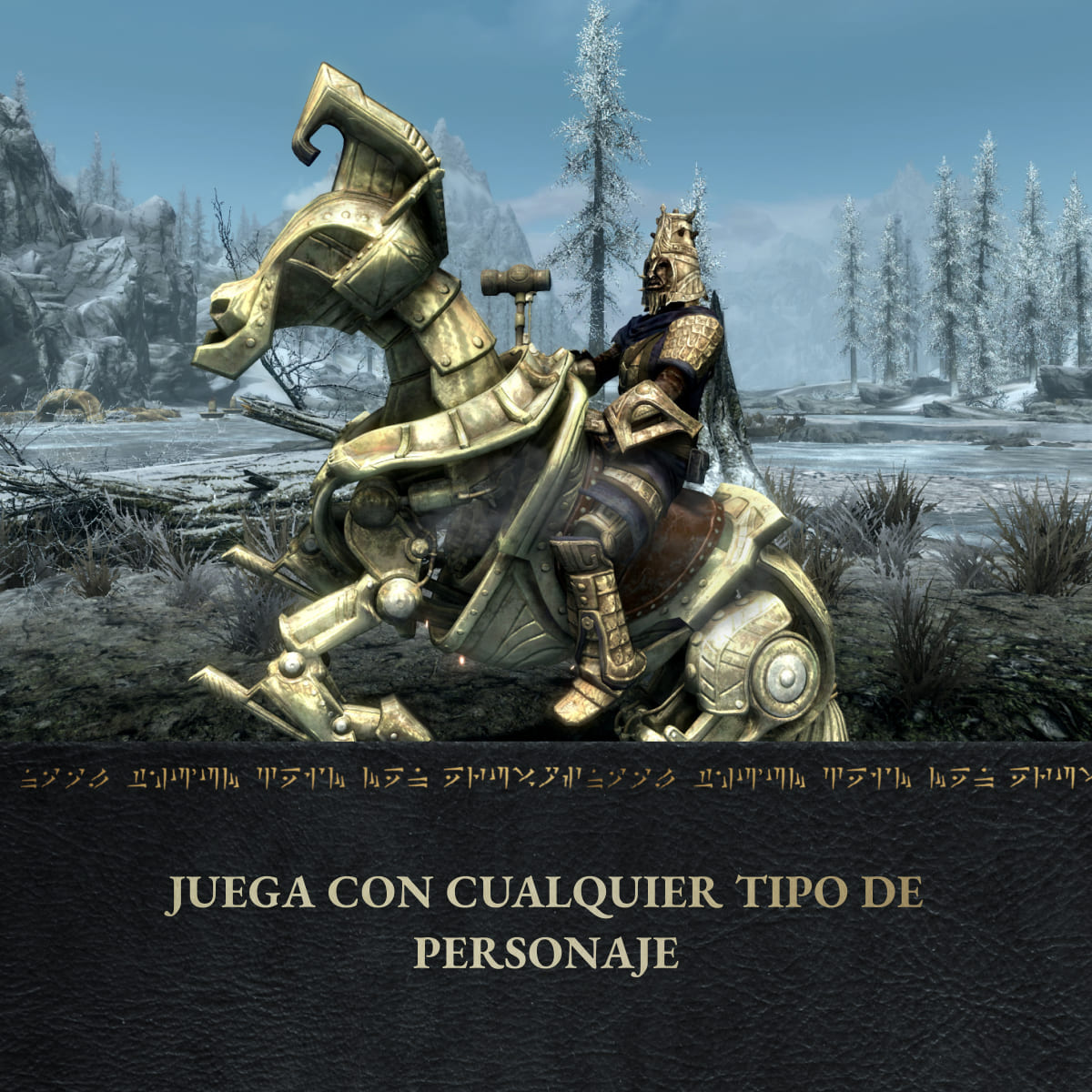 Un caballero con armadura dorada monta un caballo mecánico en un paisaje nevado.
