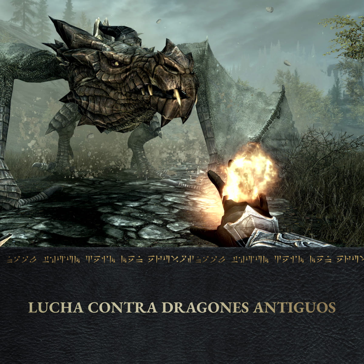 Un dragón ataca con magia desde una mano, en una escena oscura y neblinosa.