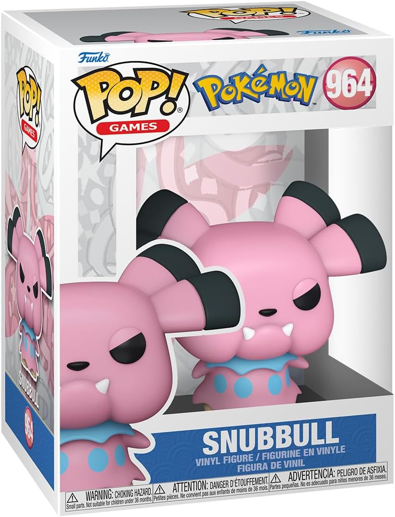 Embalaje de una figura Funko Pop! rosa de Snubbull con lunares azules y orejas negras.