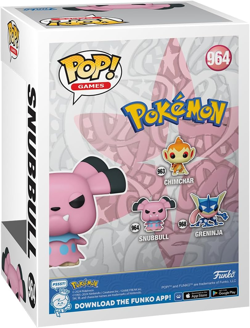 La caja Funko Pop muestra una figura rosa de Snubbull y logos de Pokémon.