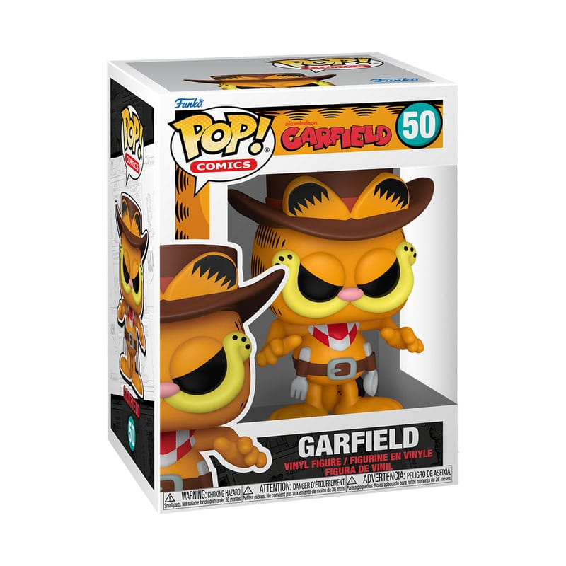 Figura de vinilo Funko Pop! Garfield con atuendo de vaquero en su caja, con sombrero y pañuelo.