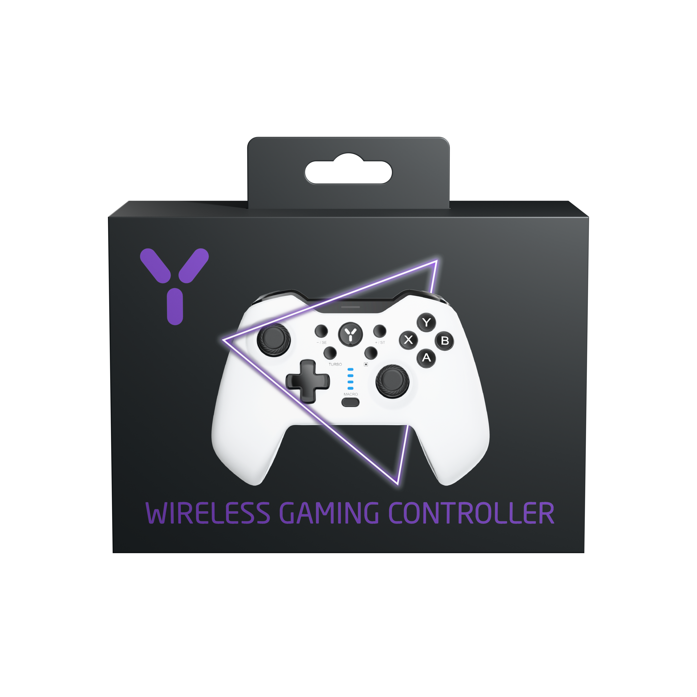 Verpackung mit weißem Controller und lila Akzenten. Text: WIRELESS GAMING CONTROLLER.