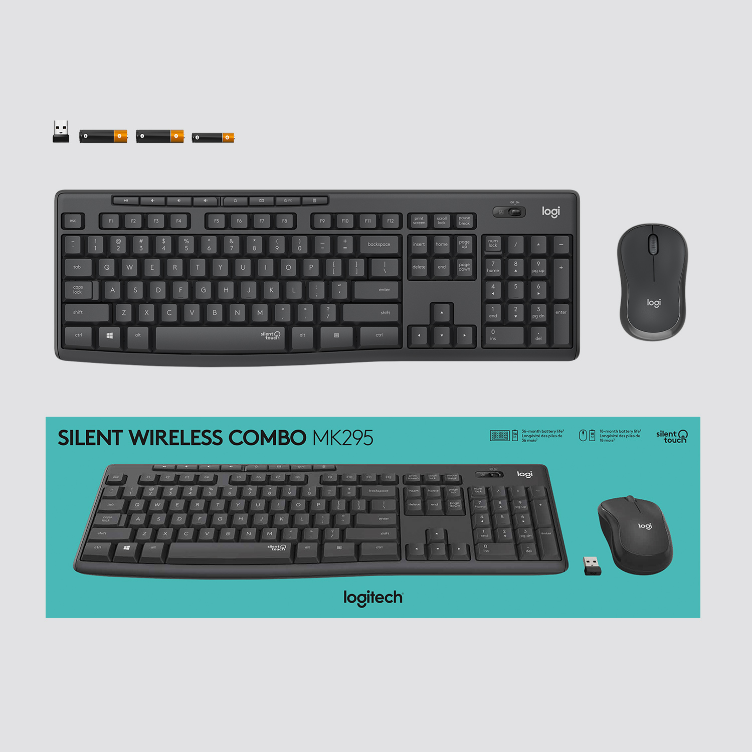Bezprzewodowy zestaw Logitech MK295 cicha klawiatura i mysz z odbiornikiem USB i bateriami.
