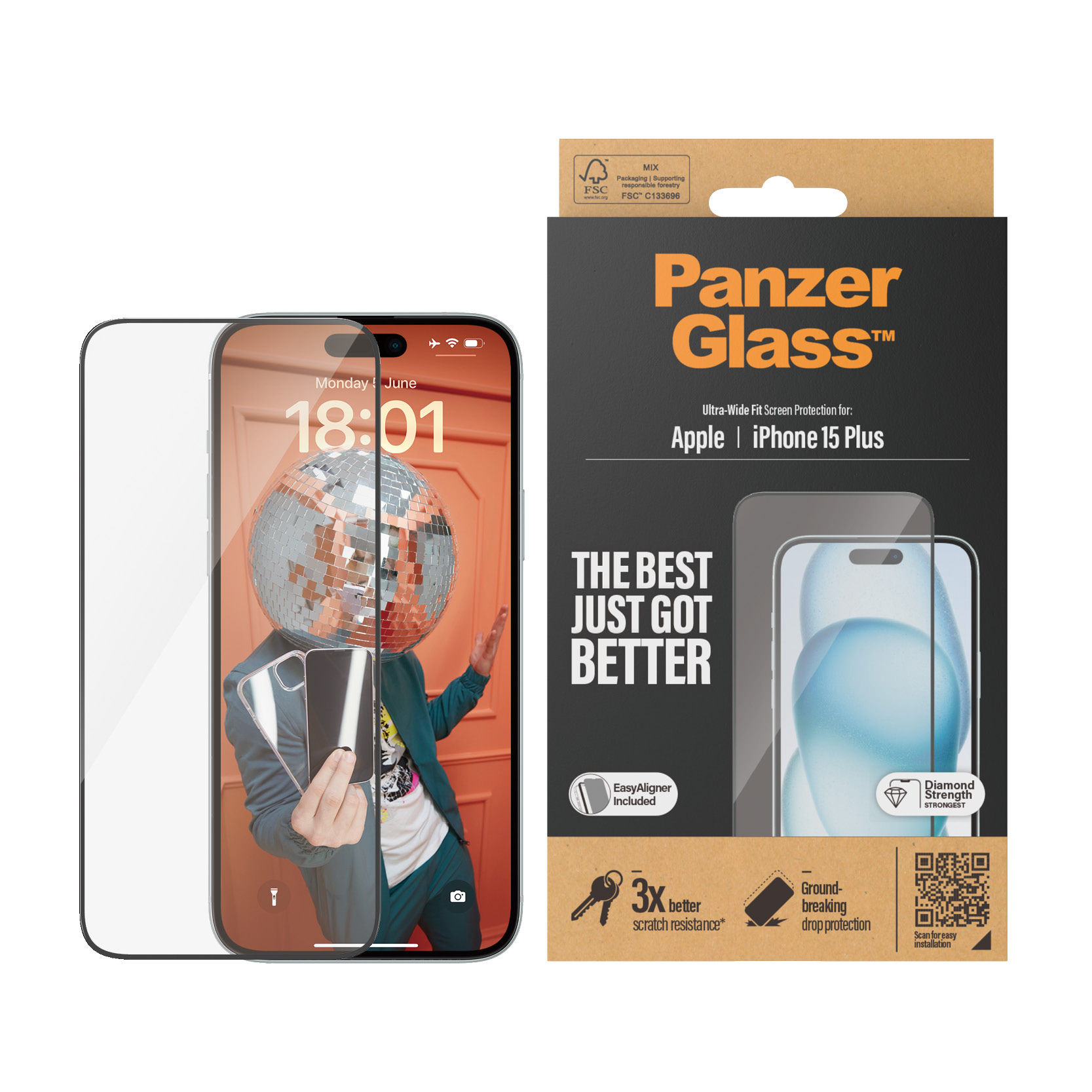 Szkło ochronne Panzer Glass na iPhone 15 Plus z kulą dyskotekową na ekranie blokady.