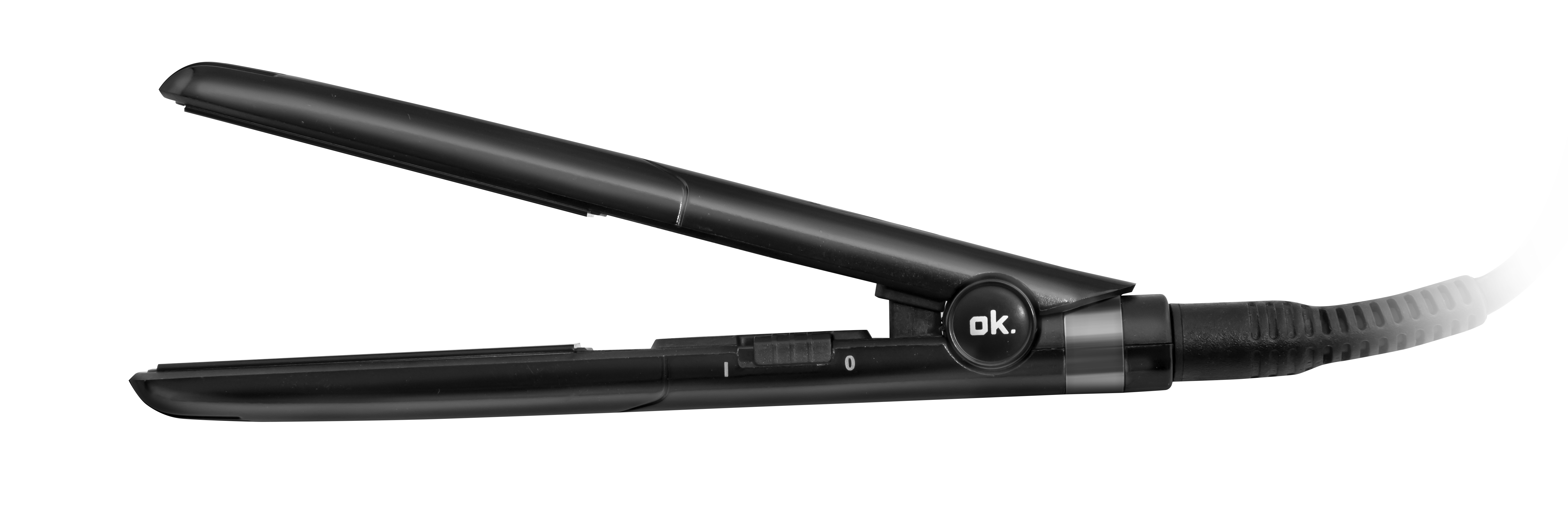 Czarna prostownica z kablem, otwarta.