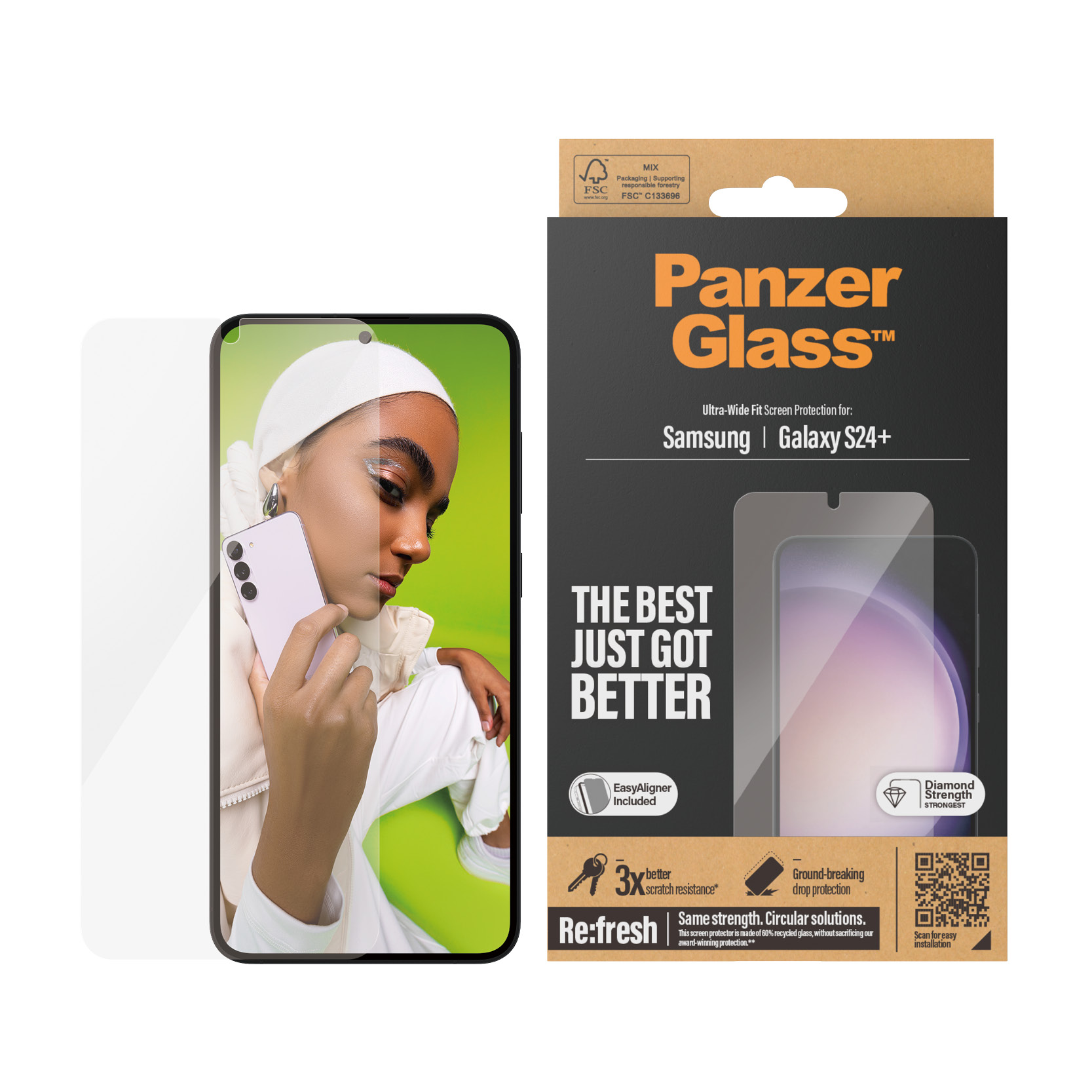 Opakowanie PanzerGlass dla Samsung Galaxy S24+ z kobietą trzymającą telefon.